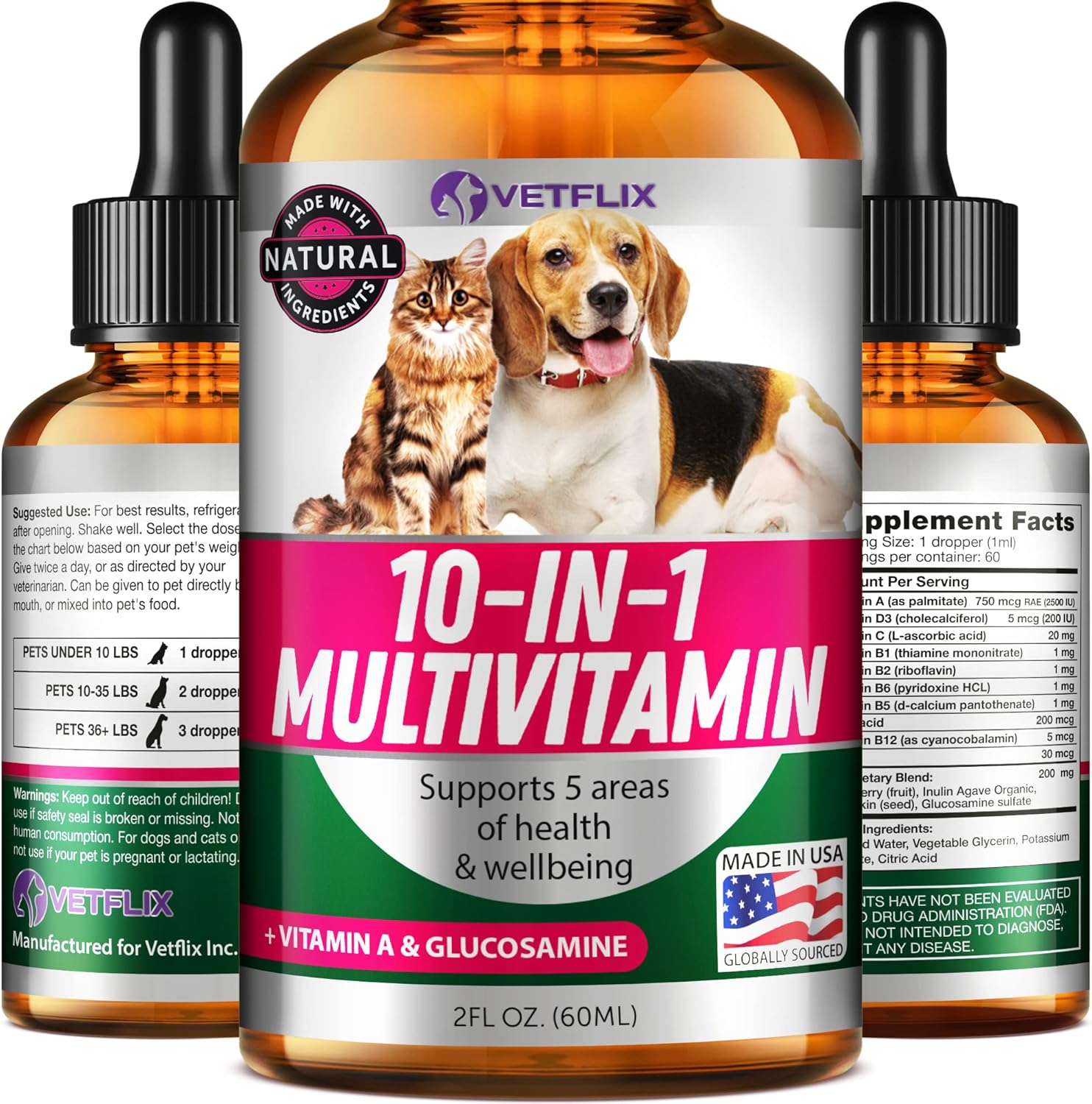 Pet Vitamins 10-in-1 Made in USA - Natural Glucosamine for Dogs & Cats, Essential Multivitamin Blend for Pet Joint Health, Longevity, Gut & Immune Health - All Ages, Breeds and Sizes 2 fl oz