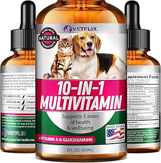 Pet Vitamins 10-in-1 Made in USA - Natural Glucosamine for Dogs & Cats, Essential Multivitamin Blend for Pet Joint Health, Longevity, Gut & Immune Health - All Ages, Breeds and Sizes 2 fl oz