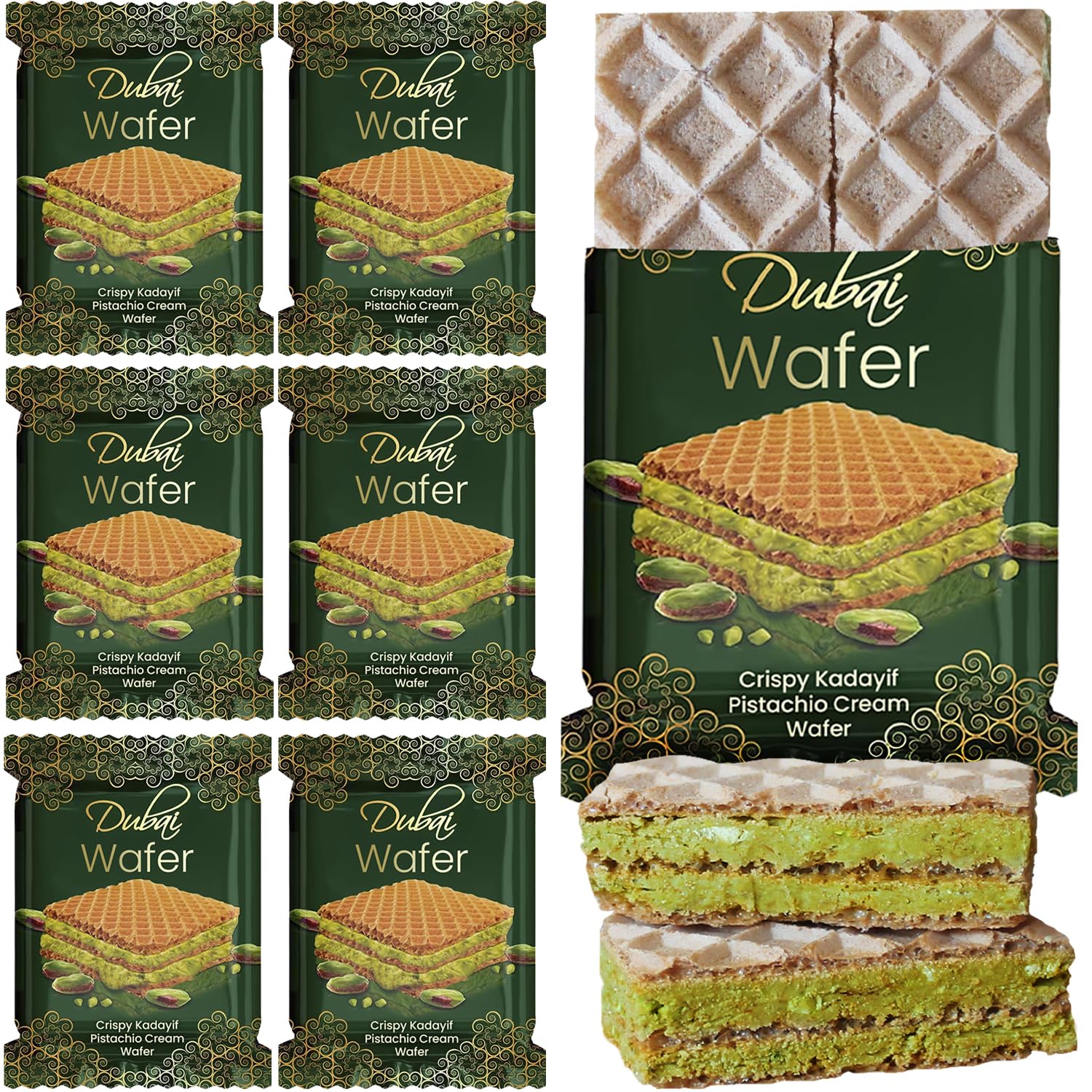 Ceres Gourmet Dubai Chocolate Pistachio Wafer, 6 Pcs Crispy Kunafa Pistachio Chocolate Wafer in Individually Pack – Gourmet Chocolate Wafers for Christmas, Thanksgiving, and All Special Occasions