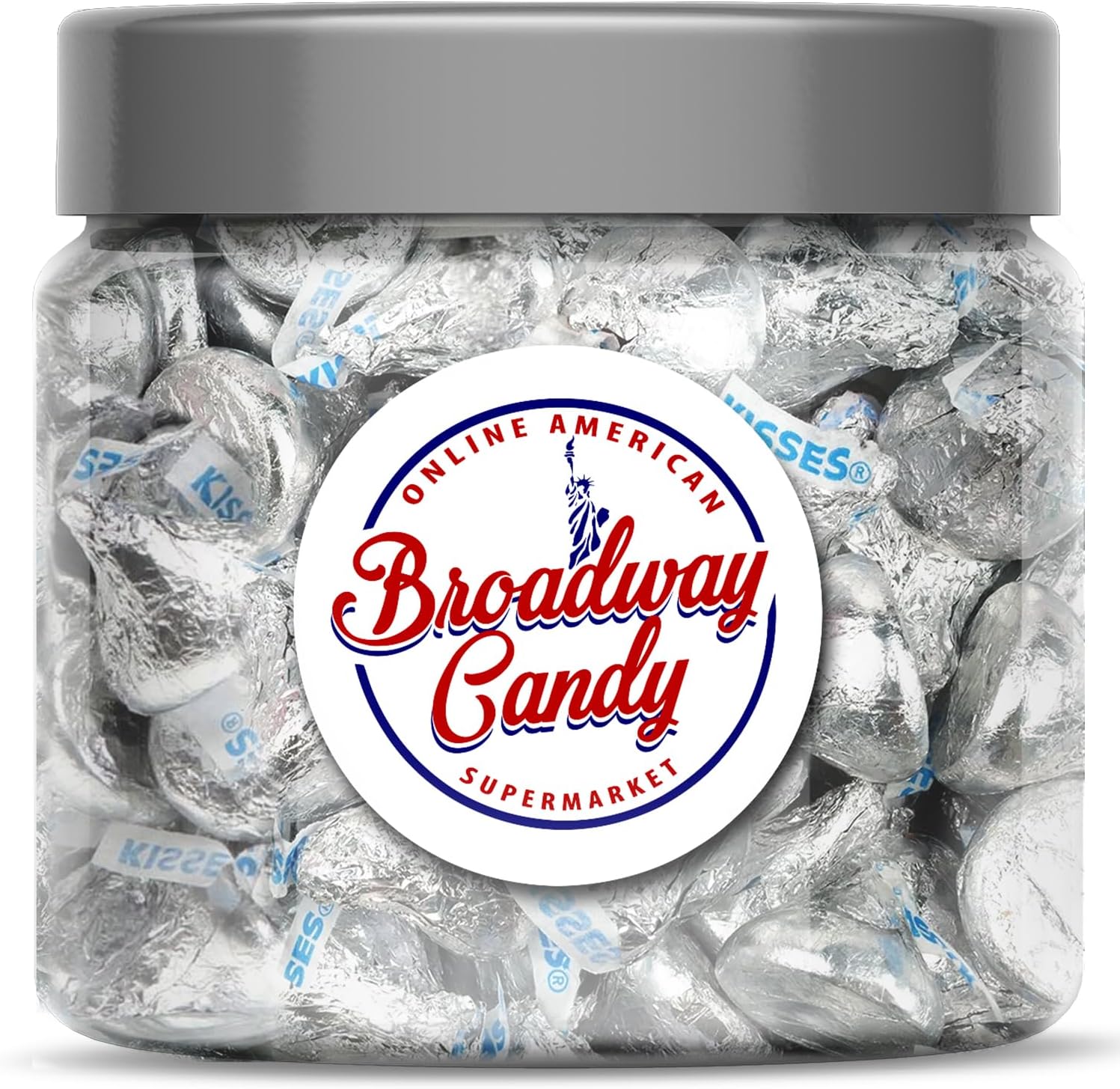 Broadway Candy Sweets Jar 600g - Kisses Original - Individually Wrapped American Sweets - Bite-Sized Chocolates in Silver - Approximately 120 Pieces