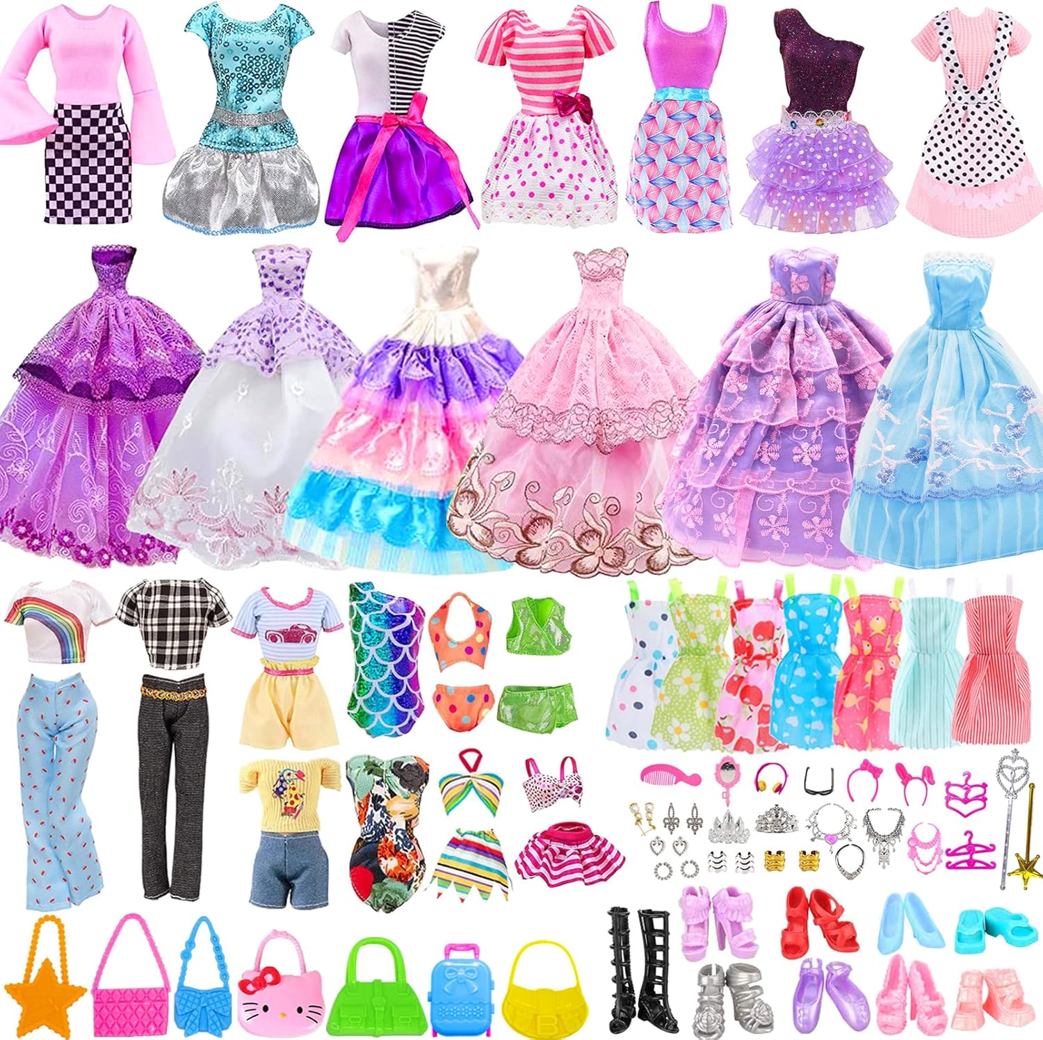 56Pcs Doll Clothes Outfit for Barbie, Doll Accessories Mini Dress Party Dress Bikini Set Tops Pants Handbags Shoes Jewelry Accessories Random Stlye for 11.5 inch Girl Doll