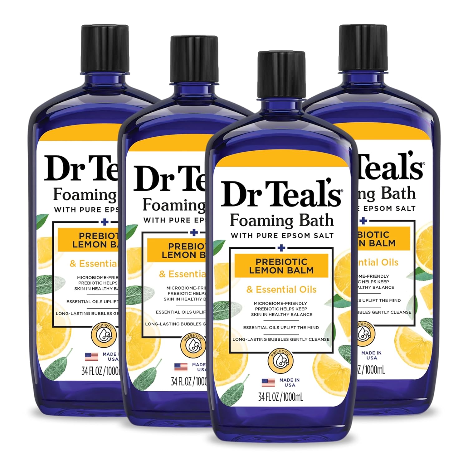 Dr Teal's Foaming Bath with Pure Epsom Salt, Prebiotic Lemon Balm & Essential Oils, 34 fl oz (Pack of 4)
