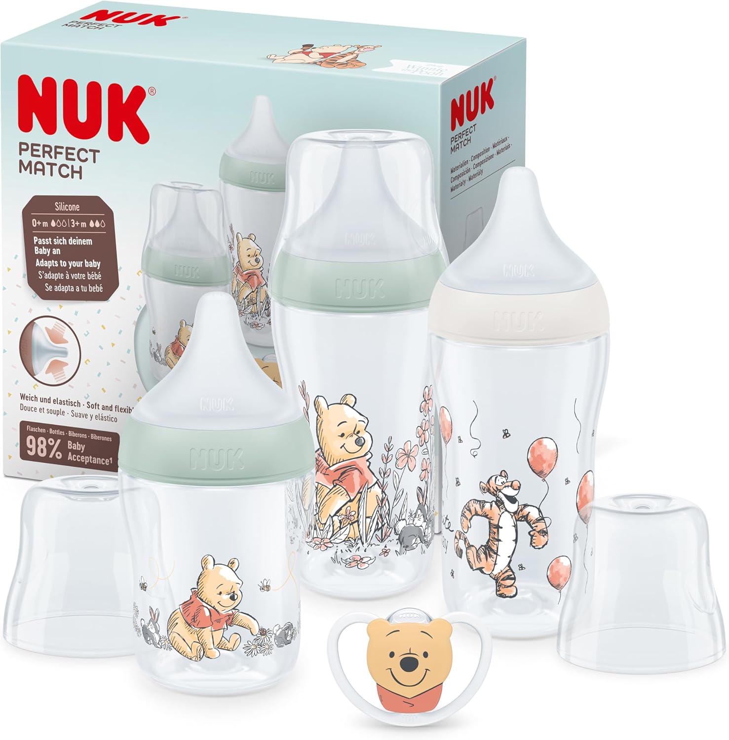 NUK Perfect Match Baby Bottles Set 0-6+ Months Adapts to Baby's Palate 3 x Anti Colic Baby Bottles & Space Soother BPA-Free Disney Winnie the Pooh 4 Count