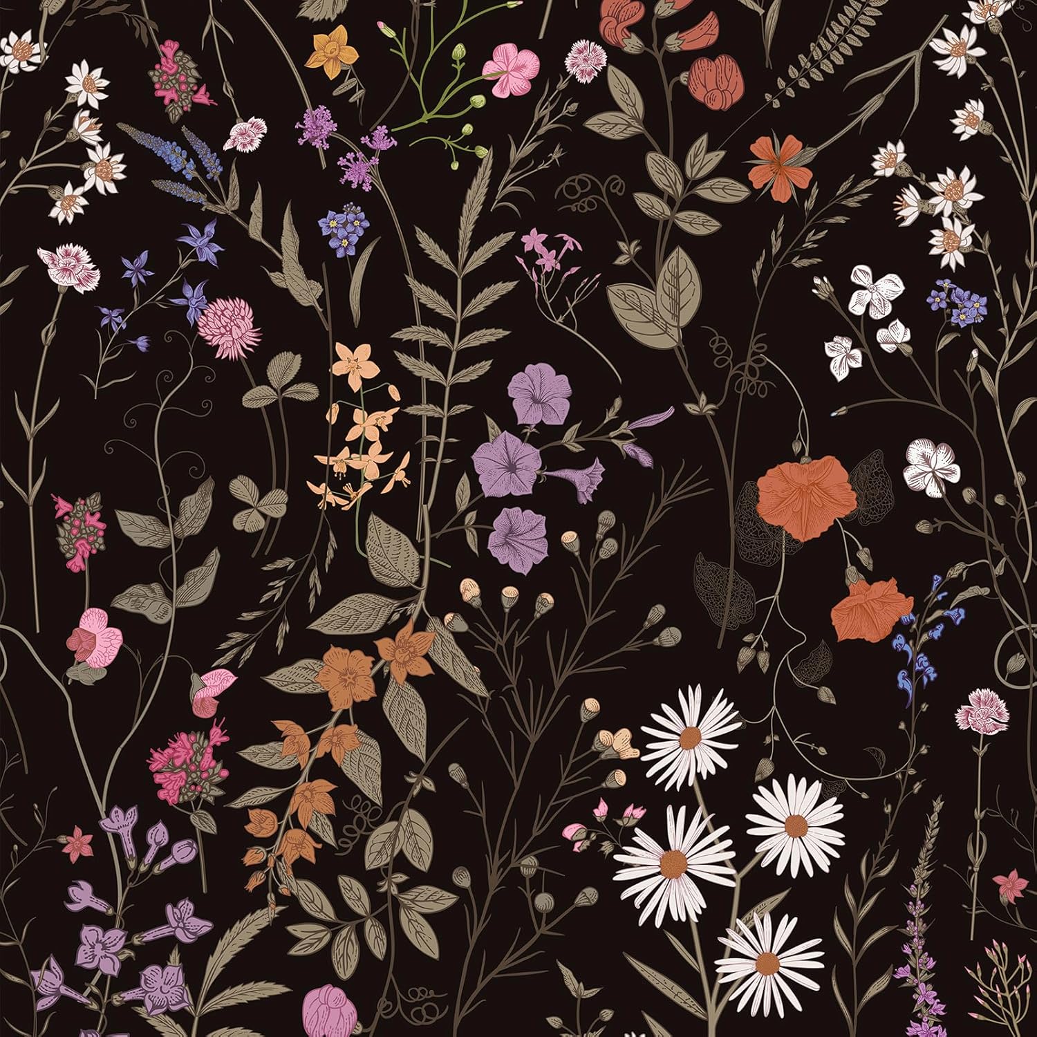 Floral Wallpaper Peel and Stick- Farm Wildwood Daisy Flower Stick on Wallpaper Dark Floral Self Adhesive Contact Paper (17.3" x 118", Timeless)