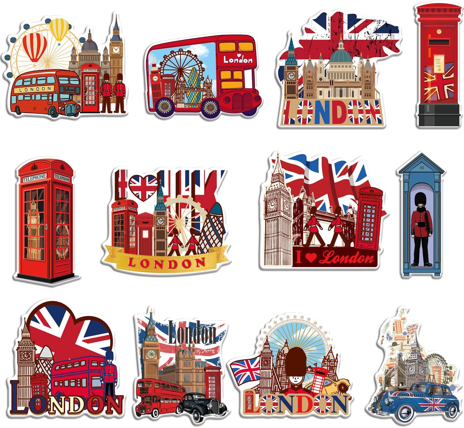 Luvart London Fridge Magnets for Kitchen - 12 Pcs London Souvenirs Gifts British Union Jack Souvenirs Magnet England Red Phone Box Deck Bus Fridge Magnetic Unique Stylish Design Holiday Souvenir Gift