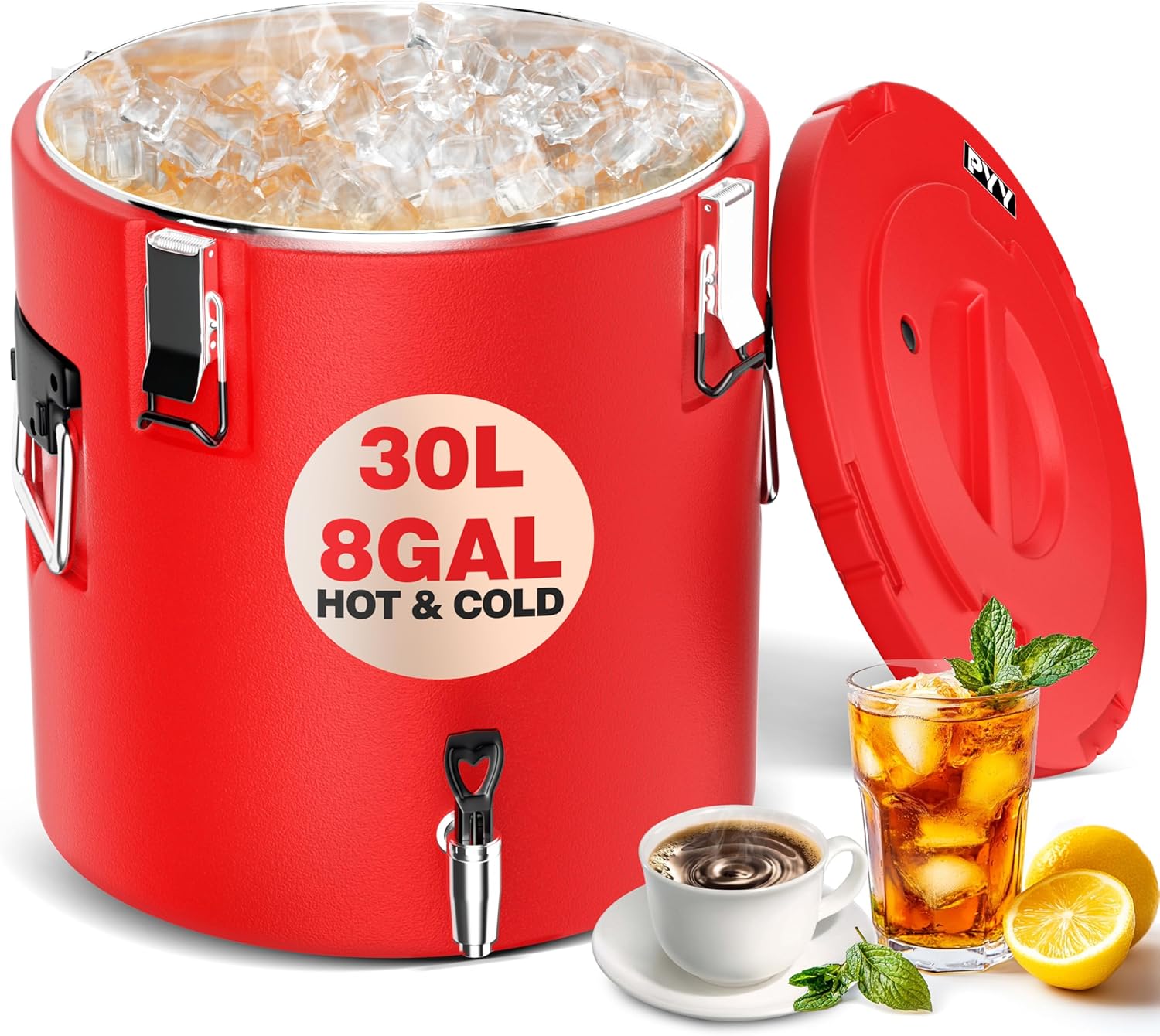 PYY Insulated Beverage Dispenser - 8 Gallon Stainless Steel Coffee Carrier with Spigot Handle, Commercial Thermal Container for Chocolate Iced Juice Tea, Milk Hot and Cold Drink