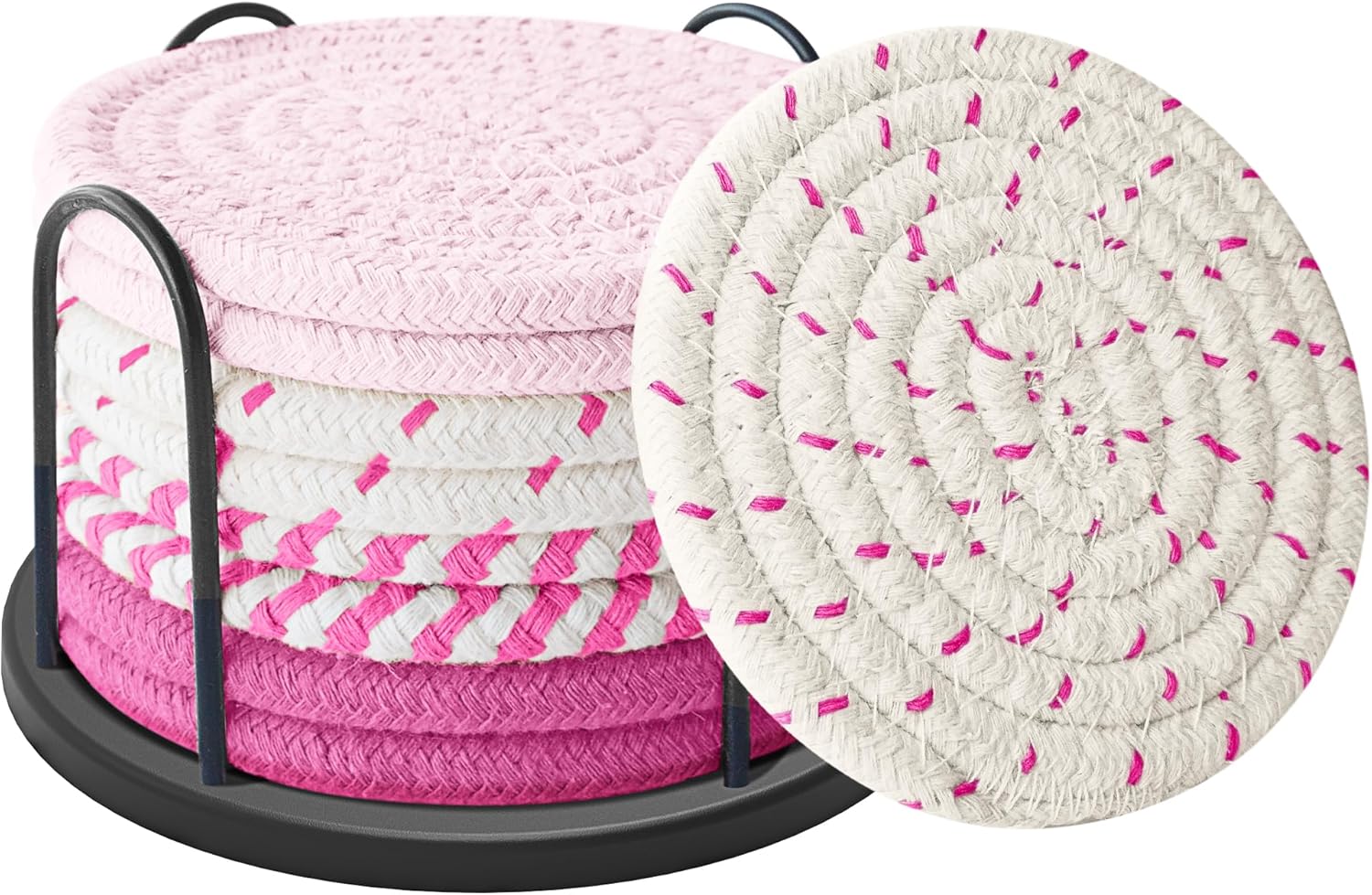 Coasters Set of 8 for Drinks, Beer, Coffee, Cotton Woven 4 Colors Absorbent Coaster with Holder, Boho Coasters for Home Decor Tabletop Protection Suitable for Kinds of Cups