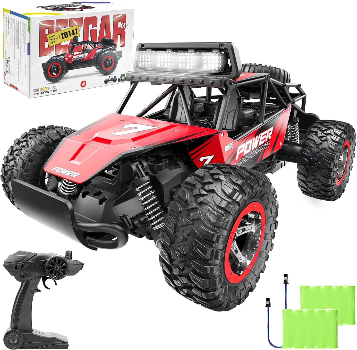 BEZGAR TB141 Remote Control Cars - 1:14 Scale RC Car, 2WD 20KM/H All-Terrains Toy Off Road Vehicle Monster Truck with Two Rechargeable Batteries for Boys Kids Adults and Girls, Red