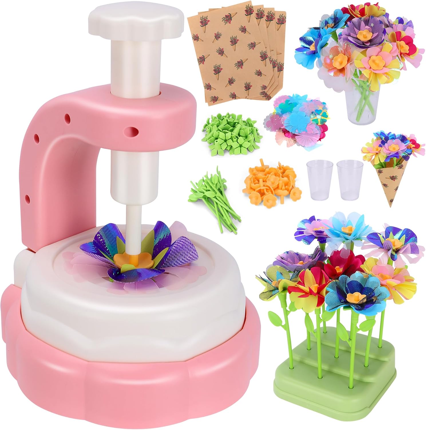 Flower Bouquet Craft Kit for Girls, Arts and Crafts Toys for Kids Ages 4-8, DIY Educational Flower Making Set, Birthday Gifts for 4 5 6 7 8 9 Year Old Girls, Mess-Free Creative Preschool Activity Toy