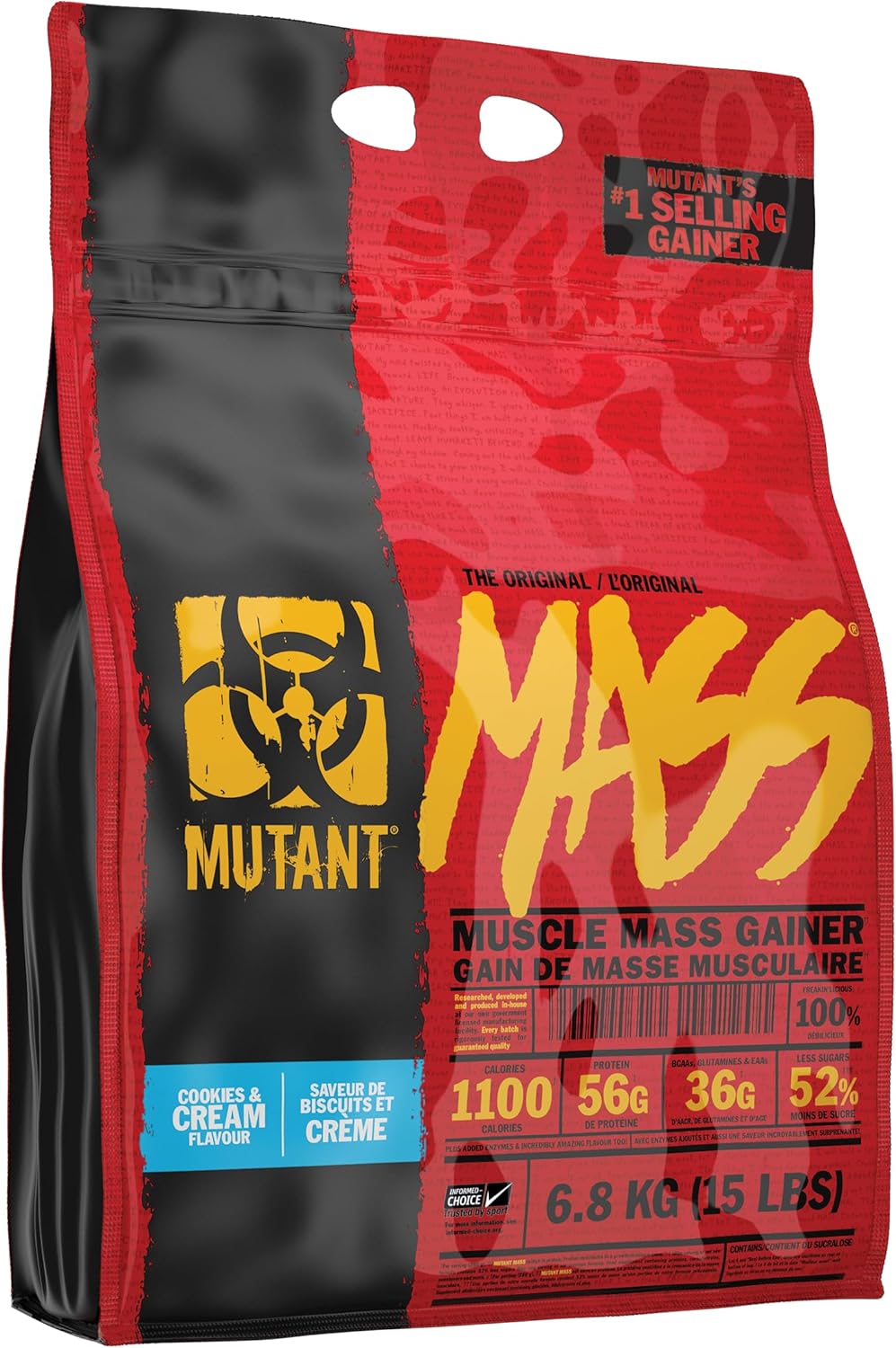 Mutant Mass Weight Gainer Protein Powder – Build Muscle Size and Strength with 1100 Calories – 56 g Protein – 26.1 g EAAs – 12.2 g of BCAAs – 15 lbs with 24 Servings – Cookies & Cream