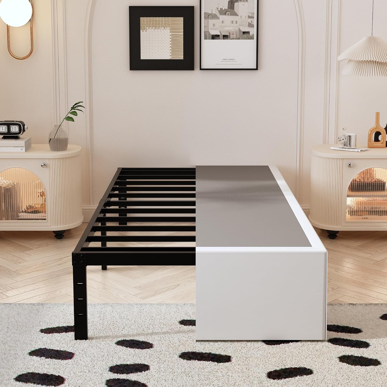 14 Inch XL Twin Bed Frame with White Fabric Cover, Heavy Duty Metal Twin XL Platform Bed Frame, No Box Spring Needed, Support Up to 2500 lbs, Easy Assembly, Noise Free, Black