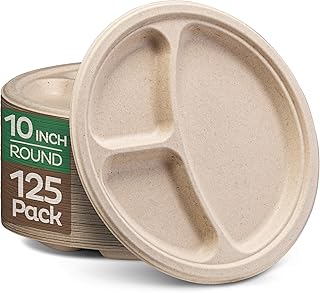 100% Compostable, 3 Compartment, Disposable Paper Plates [125-Pack] - {PFAS Free} - {BPA Certified} - [10 Inch] Heavy Duty Biodegradable Bagasse Sectional Lunch Trays + Dividers - Divided Platte Tray