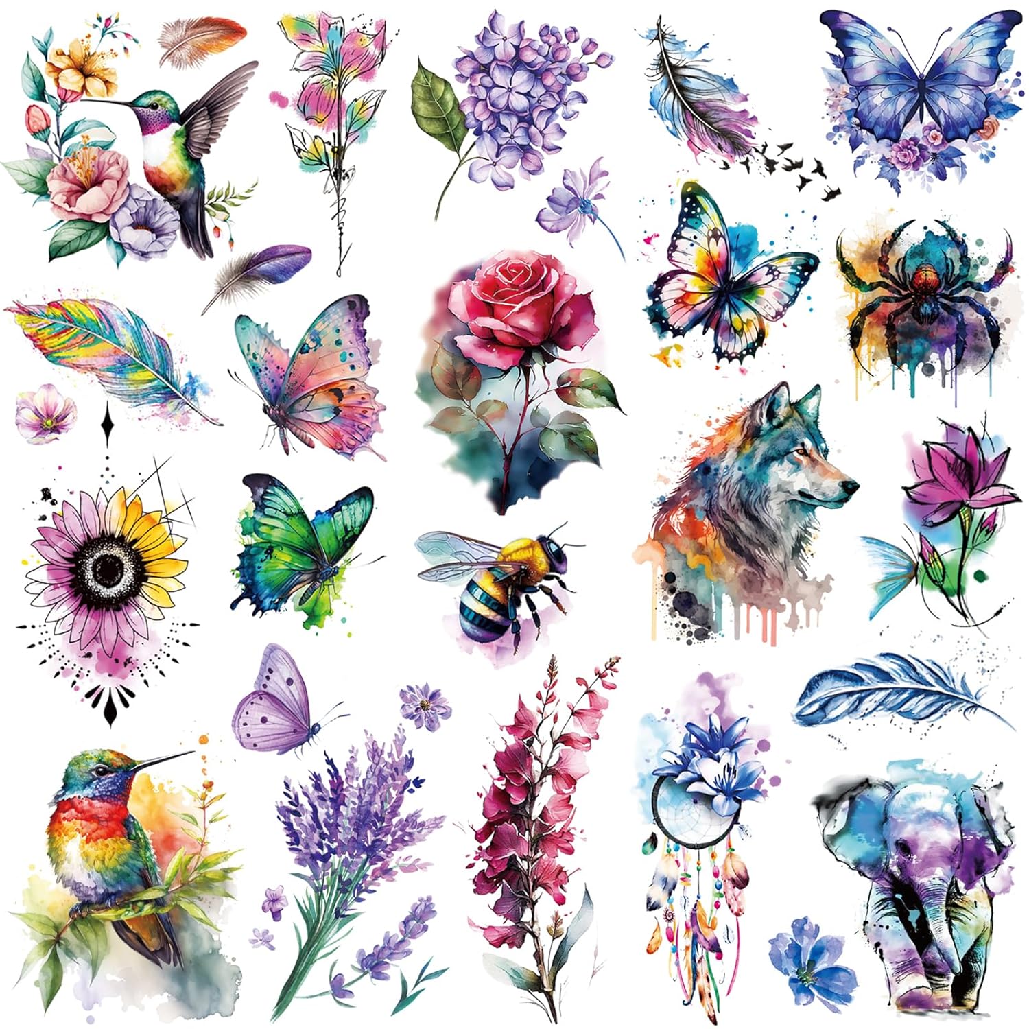 Tazimi 9 Sheets Large 3D Watercolor Temporary Tattoos For Women Girls-Colorful Flower Hummingbird Butterfly Realistic Long Lasting Fake Tattoo Stickers Waterproof Tattoos For Women Adult Body Art