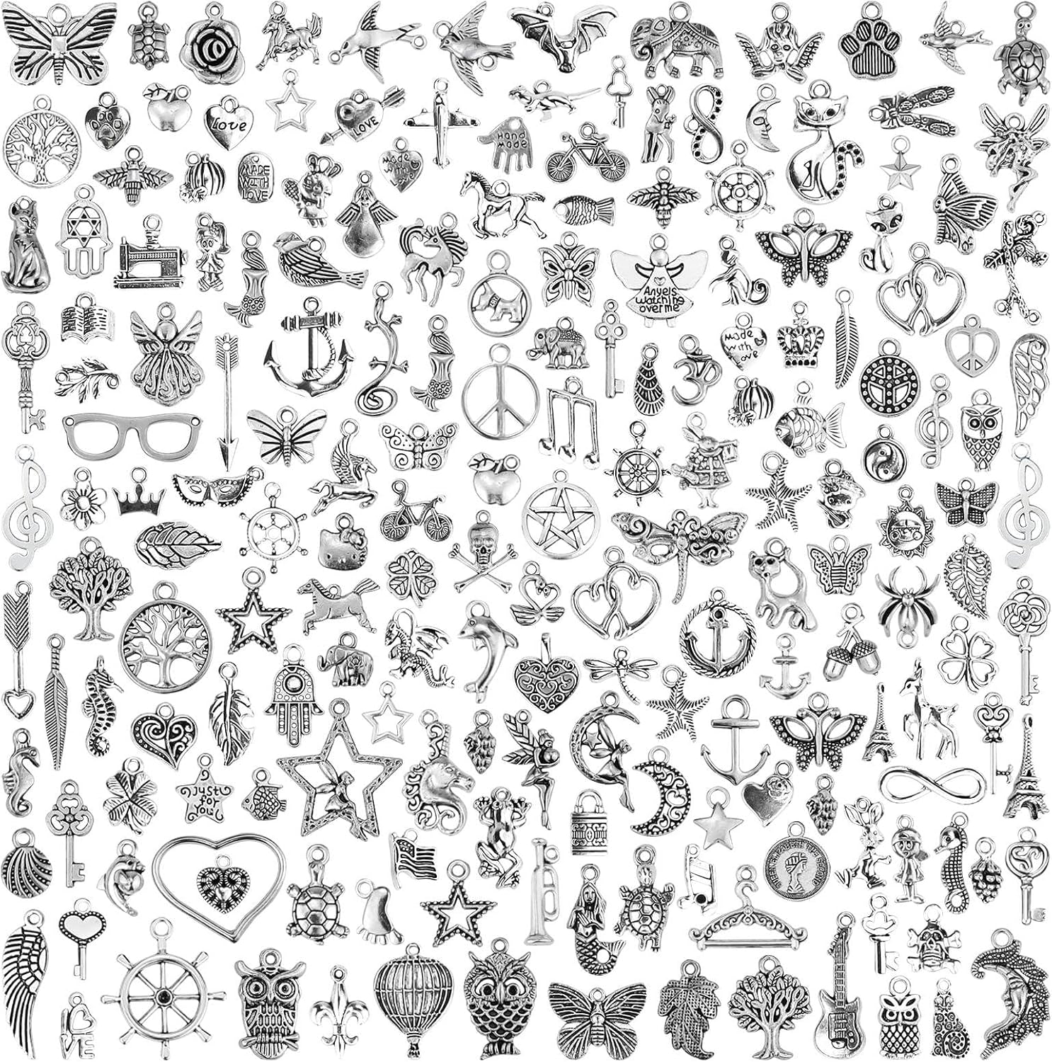 JIALEEY 200 PCS Wholesale Bulk Lots Jewelry Making Charms Mixed Smooth Tibetan Silver Metal Charms Pendants DIY for Necklace Bracelet Jewelry Making and Crafting