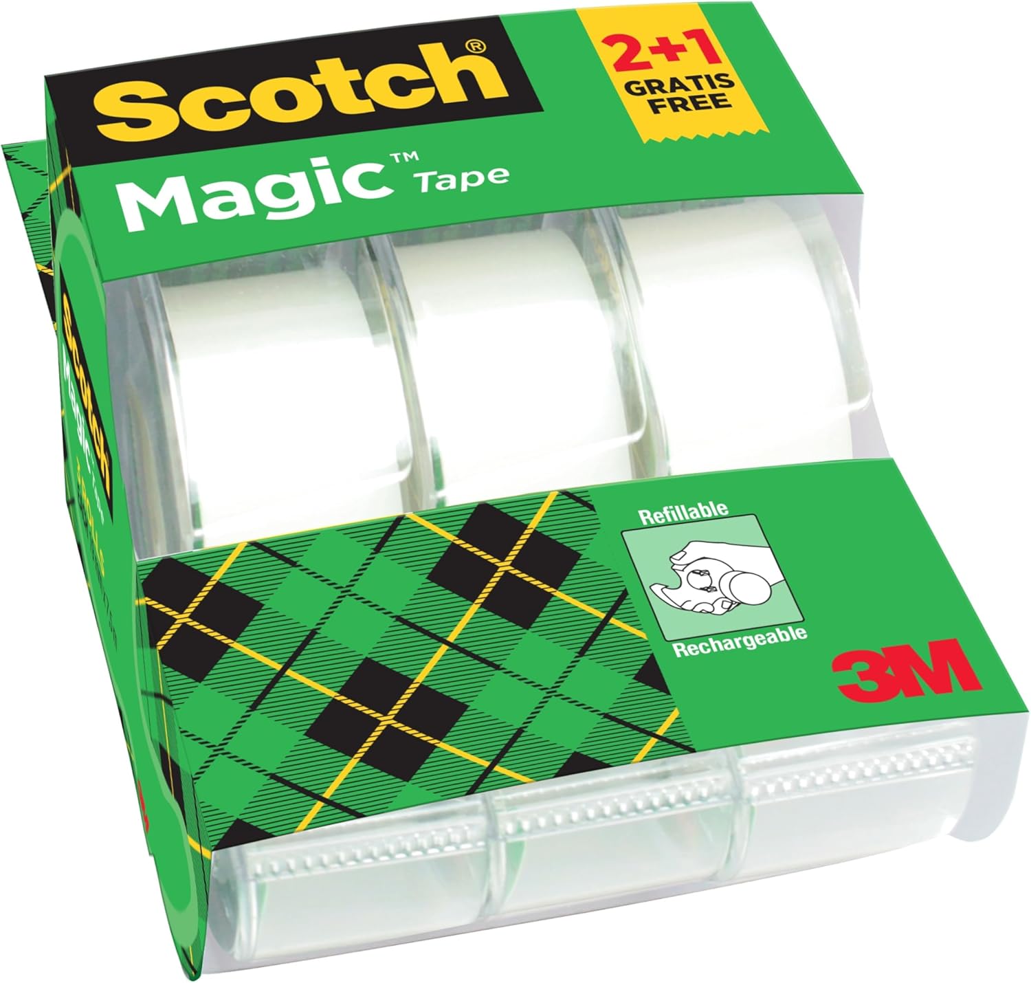 Scotch Magic Tape, Promo Pack, 2 Rolls on Handheld Dispenser + 1 Free, 19 mm x 7.5 m - General Purpose Sticky Tape for Document Repair, Labelling & Sealing
