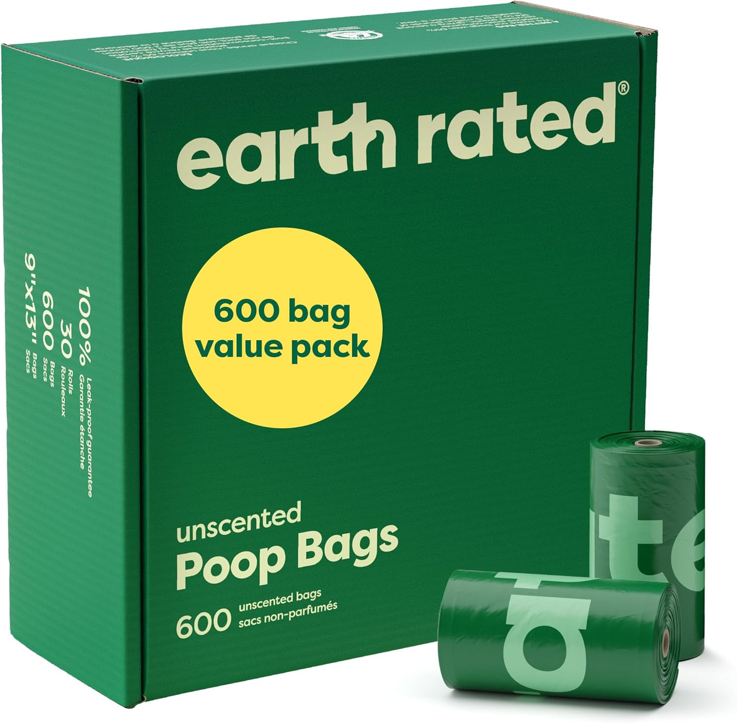 Earth Rated Dog Poo Bags Value Pack, Leak-Proof and Extra-Thick Pet Waste Bags for Big and Small Dogs, Refill Rolls, Unscented, 600 Count