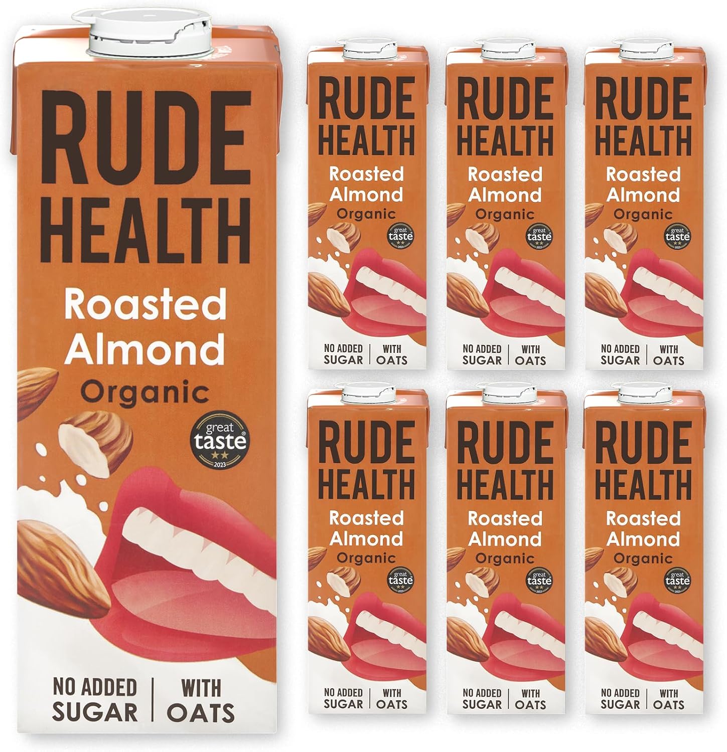 Rude Health 6 x 1 Litre Organic Roasted Almond Drink, Milk Alternative | Vegan, Dairy Free, No Added Sugar, Made with Organic Oats & Almonds, Smooth & Nutty, Perfect for Coffee, Cereal & Cooking