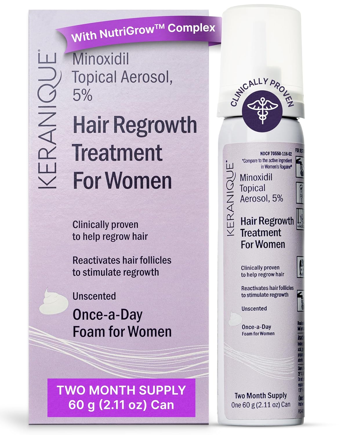Keranique Women's 5% Topical Minoxidil Foam – Hair Regrowth Scalp Treatment with Powerful NutriGrow blend - Supports Thicker, Fuller, Healthier Hair & Scalp p - 2 Month Supply