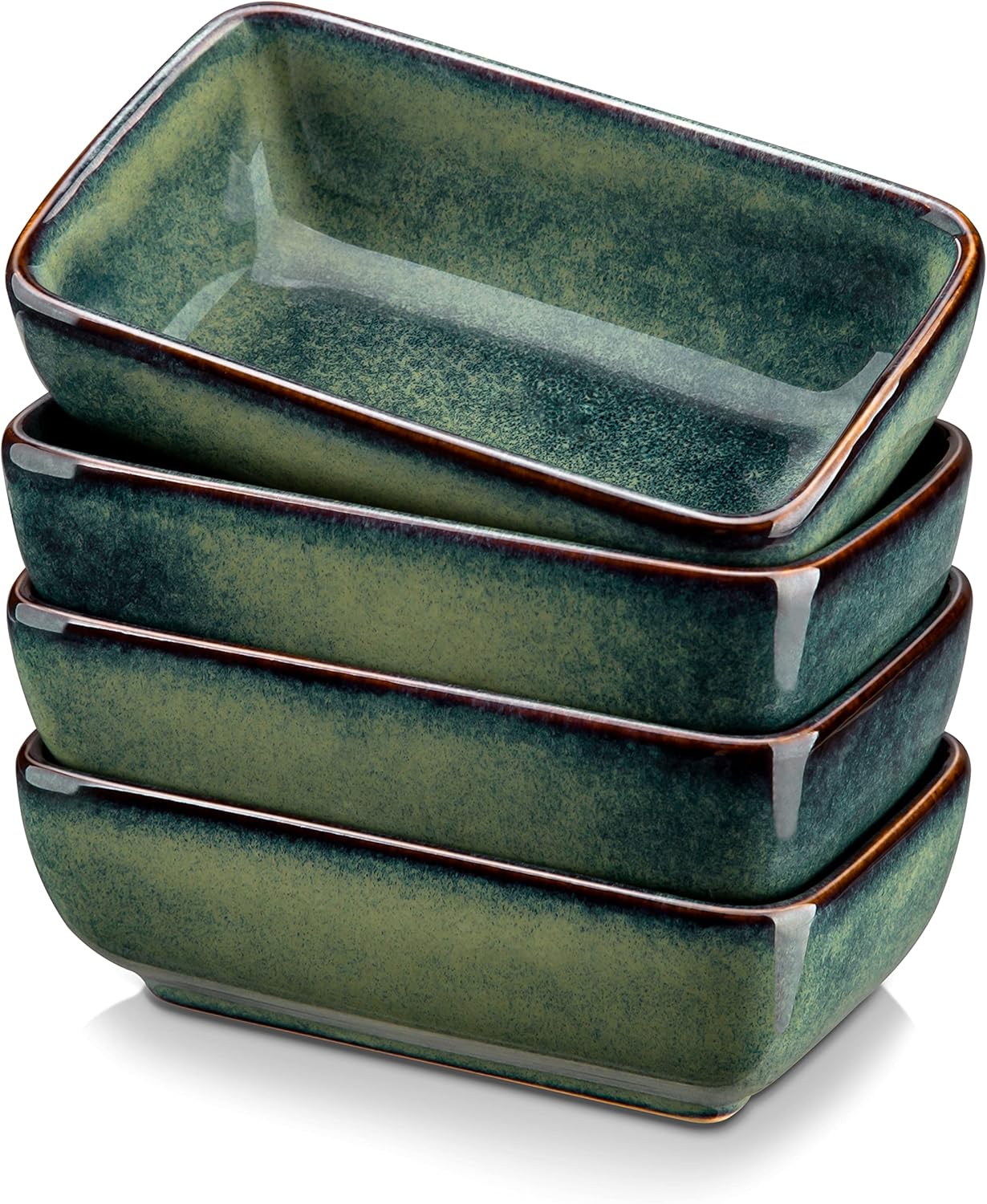 vancasso Stern Green 4-Piece Saucer Dish Set, Reactive Glaze Dipping Snack Bowl, Ceramic Small Serving Dish/Condiment Dish/Seasoning Bowl/Sushi Soy Dish, Rectangular. (11.5x6.8x4cm)