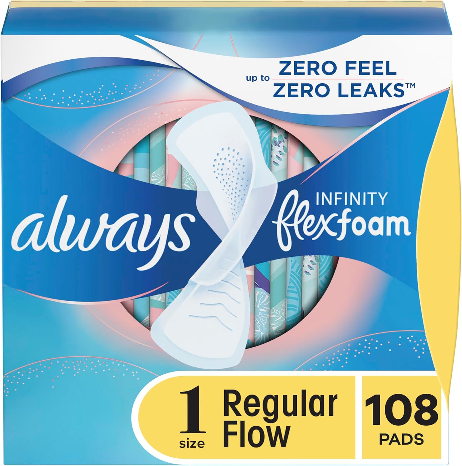 Always Infinity Feminine Pads for Women, Flexfoam Pads with Wings, Size 1, Regular Absorbency, Unscented, 108 Count (3 Packs of 36)