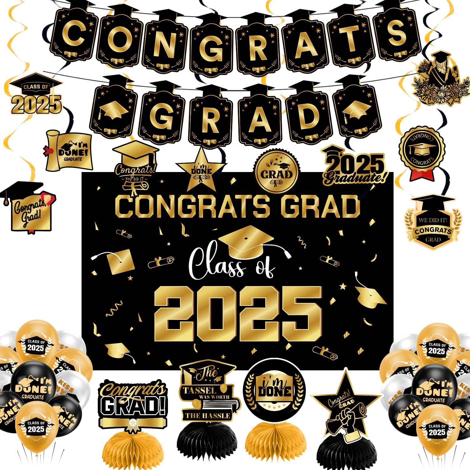 Graduation Decorations 2025 Gold Themed Set - Congrats Grad Banner, Class of 2025 Backdrop, Balloons & Streamers Kit - Complete Party Supplies for High School & College Celebrations
