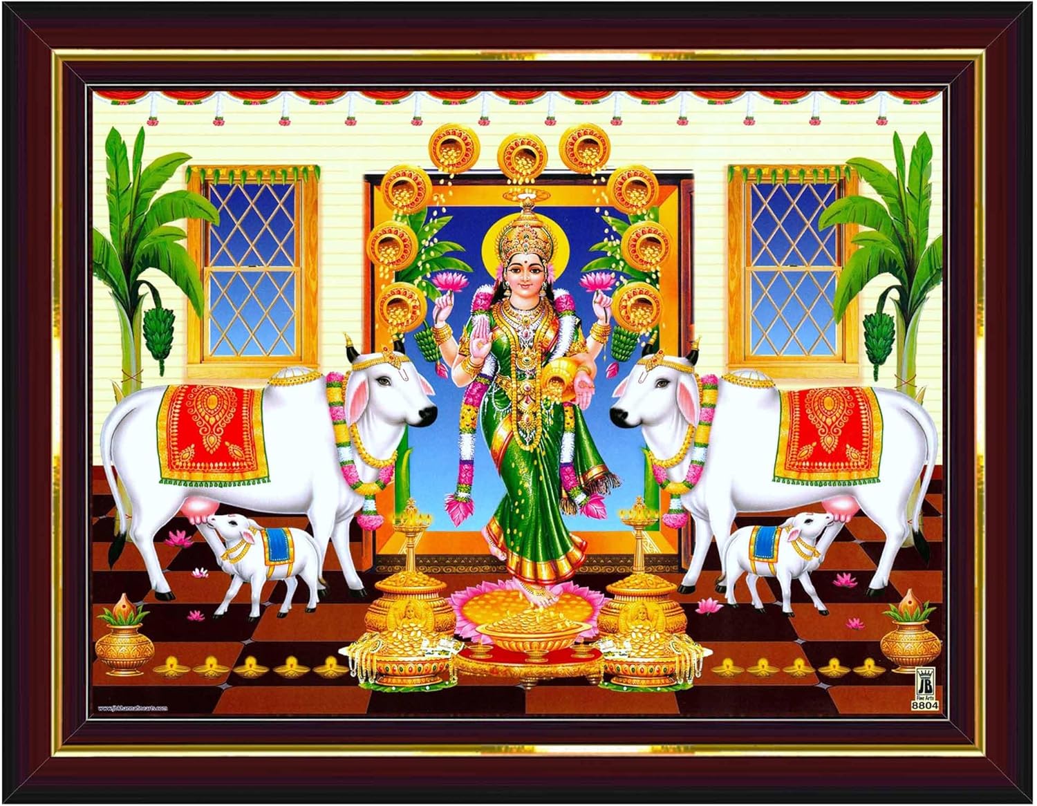 Pavan Photo Laminations Goddess Lakshmi Devi Gruha Gruhalakshmi Cow Wall Painting Framed Home Decor (Wood,Matte,Brown,Small Size,6 x 8 Inch) B363S
