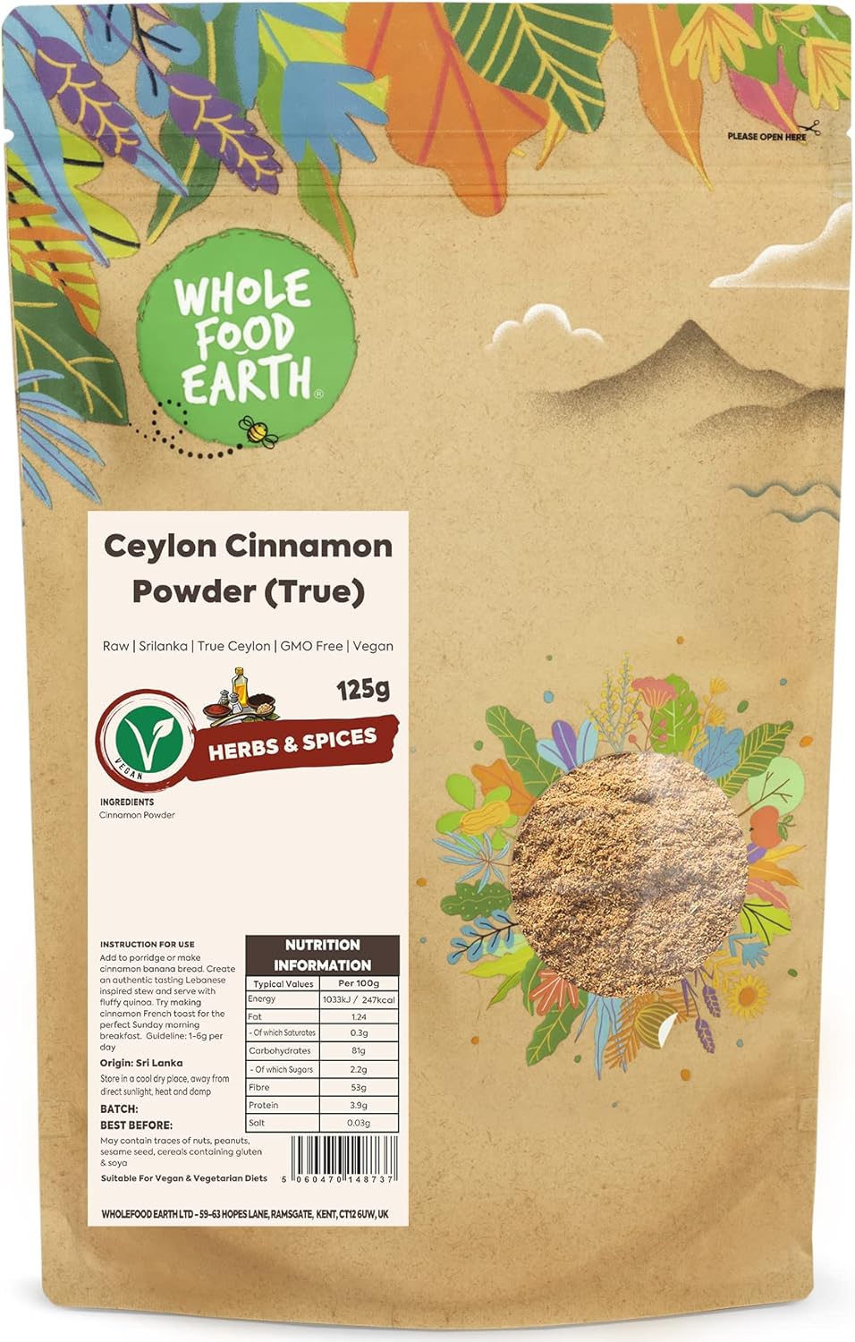 Wholefood Earth - Ceylon Cinnamon Powder (True) 125g - Raw - GMO Free - True Ceylon - Srilanka