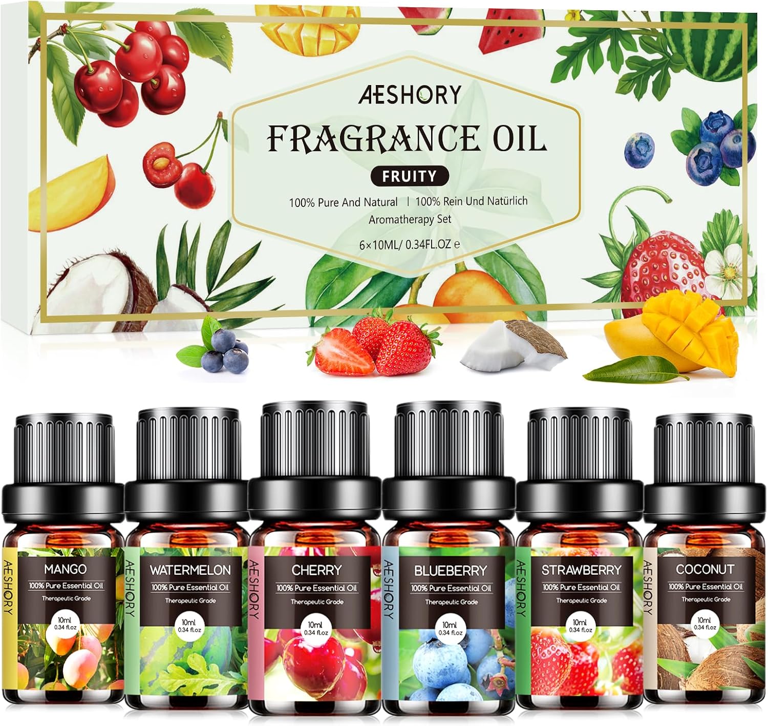 AESHORY 6 x 10ml Fruity Essential Oils Set, Premium Natural Fragrance Oil for Diffuser for Home, Humidifier, Soap Making & Candle Scents - Strawberry, Blueberry, Cherry, Coconut, Watermelon, Mango