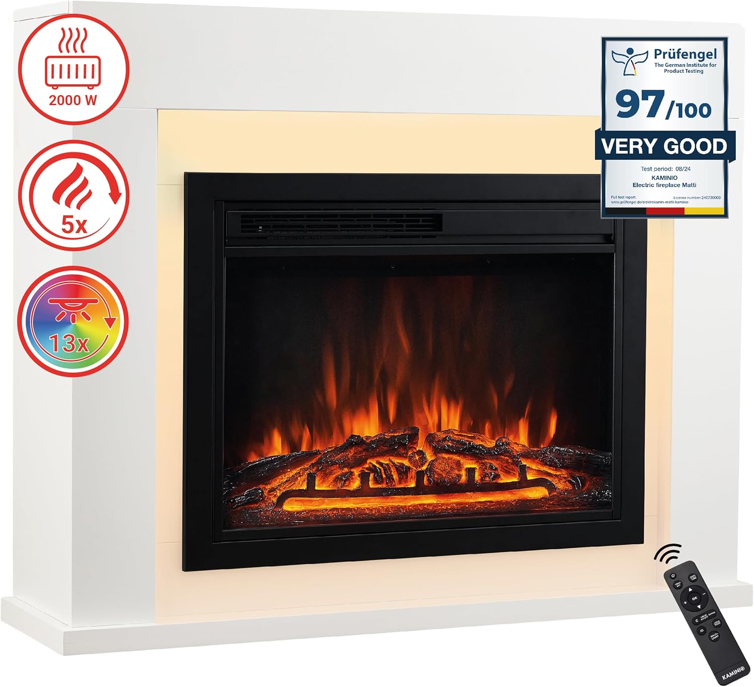 KAMINIO Electric Fireplace MATTI - Freestanding Fireplace with Heater, 3D Flame Effect, LED ambient light, Remote Control - White