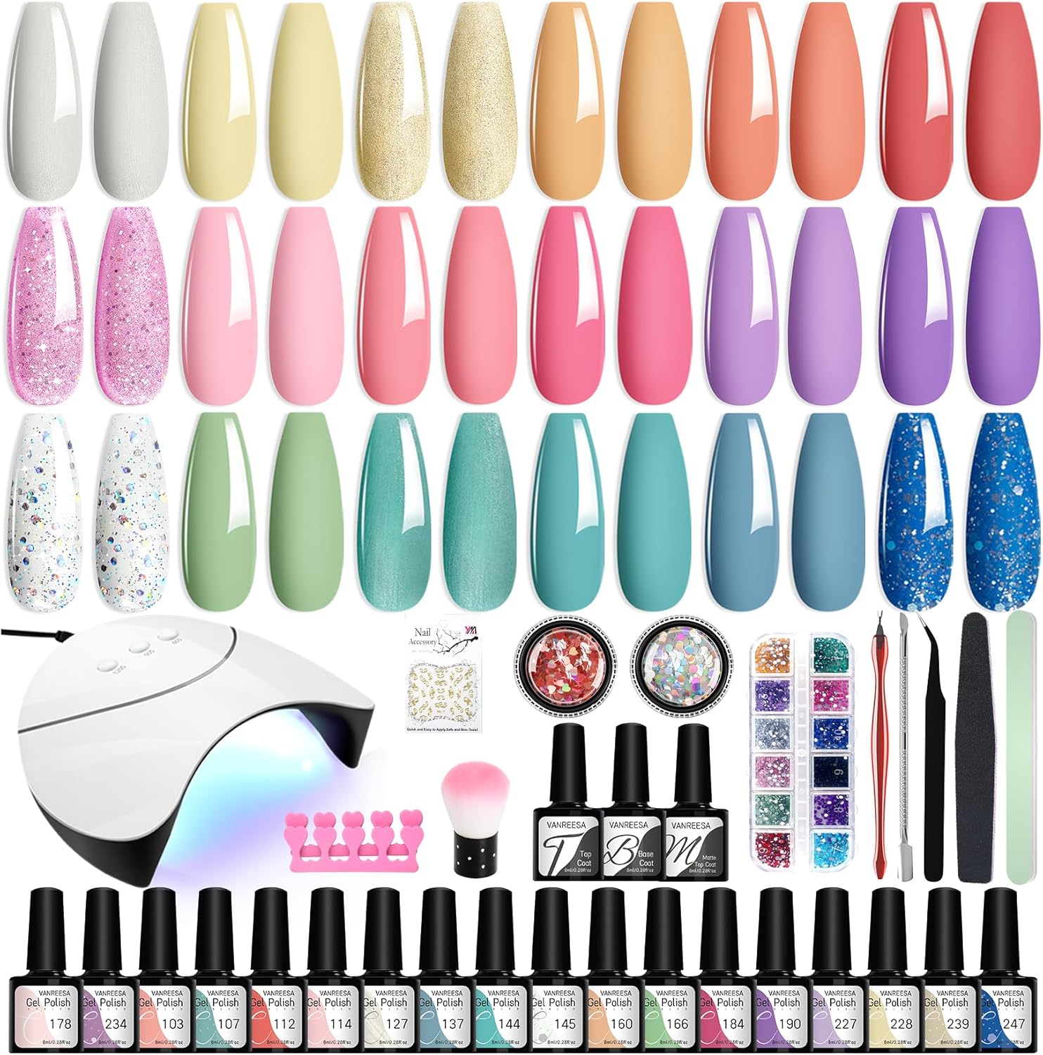 VANREESA Gel Nail Kit, 18 Colours Gel Nail Polish Set with Lamp Starter Kit Pink Blue Purple Spring Summer Colours U V Nail Polish Set with Base and Top Coat Manicure DIY at Home Gifts for Women
