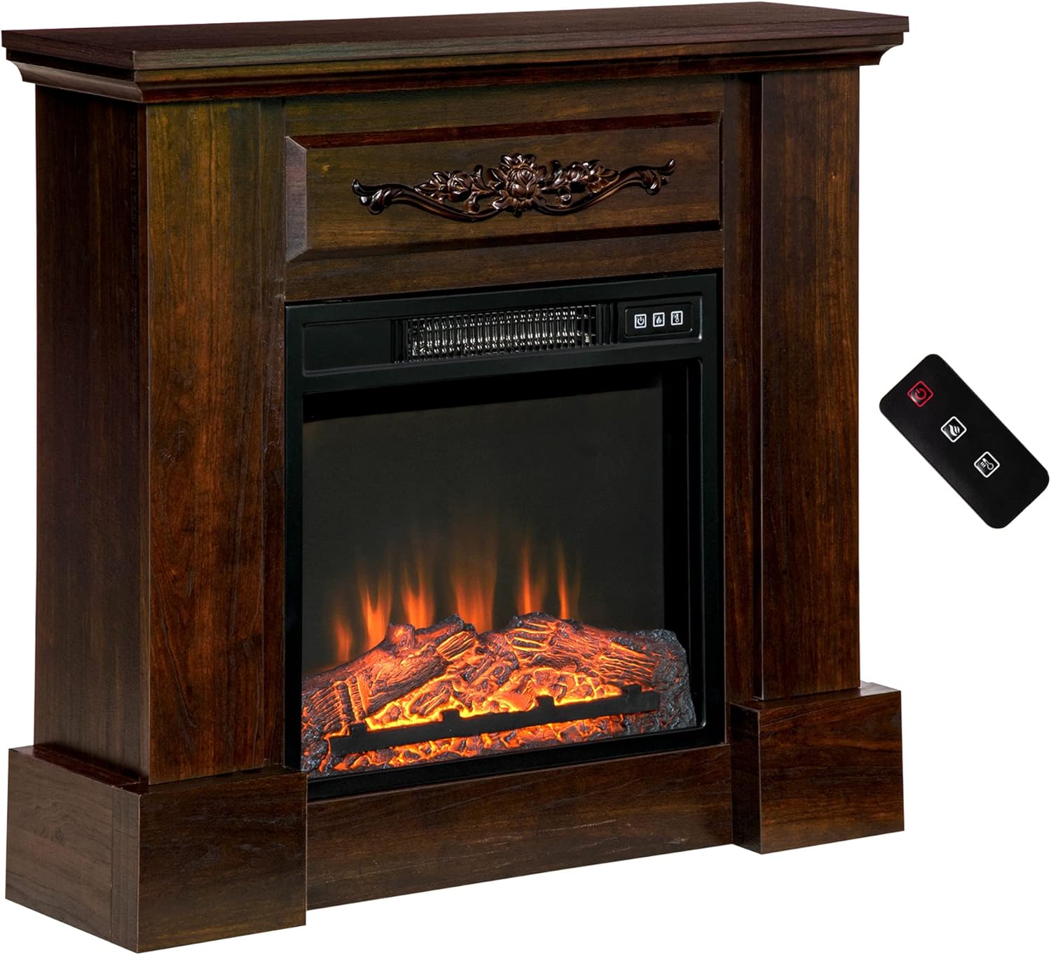 HOMCOM 32" Electric Fireplace with Mantel, Freestanding Heater with LED Log Flame, Overheat Protection and Remote Control, 1400W, Brown