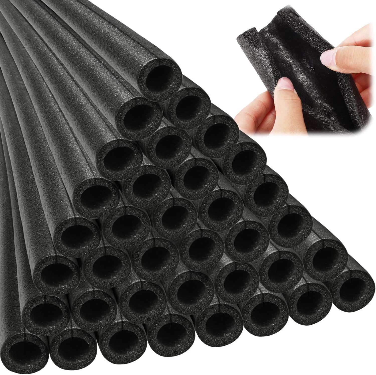 Amylove 24 Pcs 3.3 Feet Foam Pipe Insulation Foam Tube Insulating Water Pipe Pool Swim Noodles Heat Preservation Pipe Covers for Tubing Outdoor Freeze Protection (Black,1/2 Inch)
