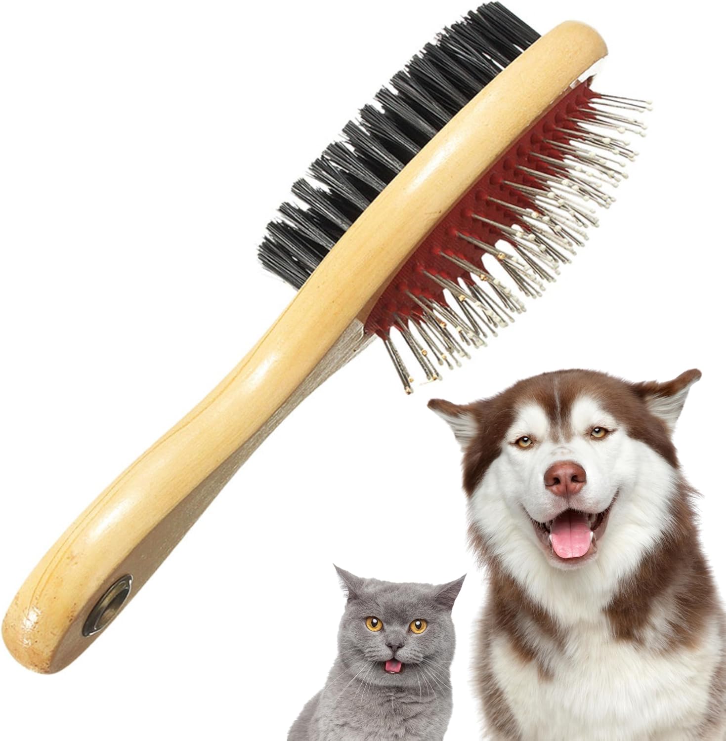 Dog Brush Double Sided Wooden Dog Brushes for Grooming Cleaning & Messaging 2 in 1 Pin & Bristle Soft Pet Hair Brushes for Dogs & Cat Long or Short Haired-Model ‎DCB01