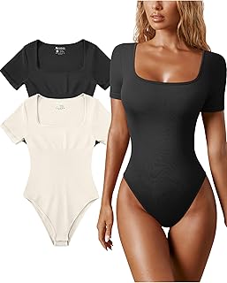 OQQ Women's 2 Piece Bodysuits Sexy Ribbed One Piece Square Neck Short Sleeve Bodysuits