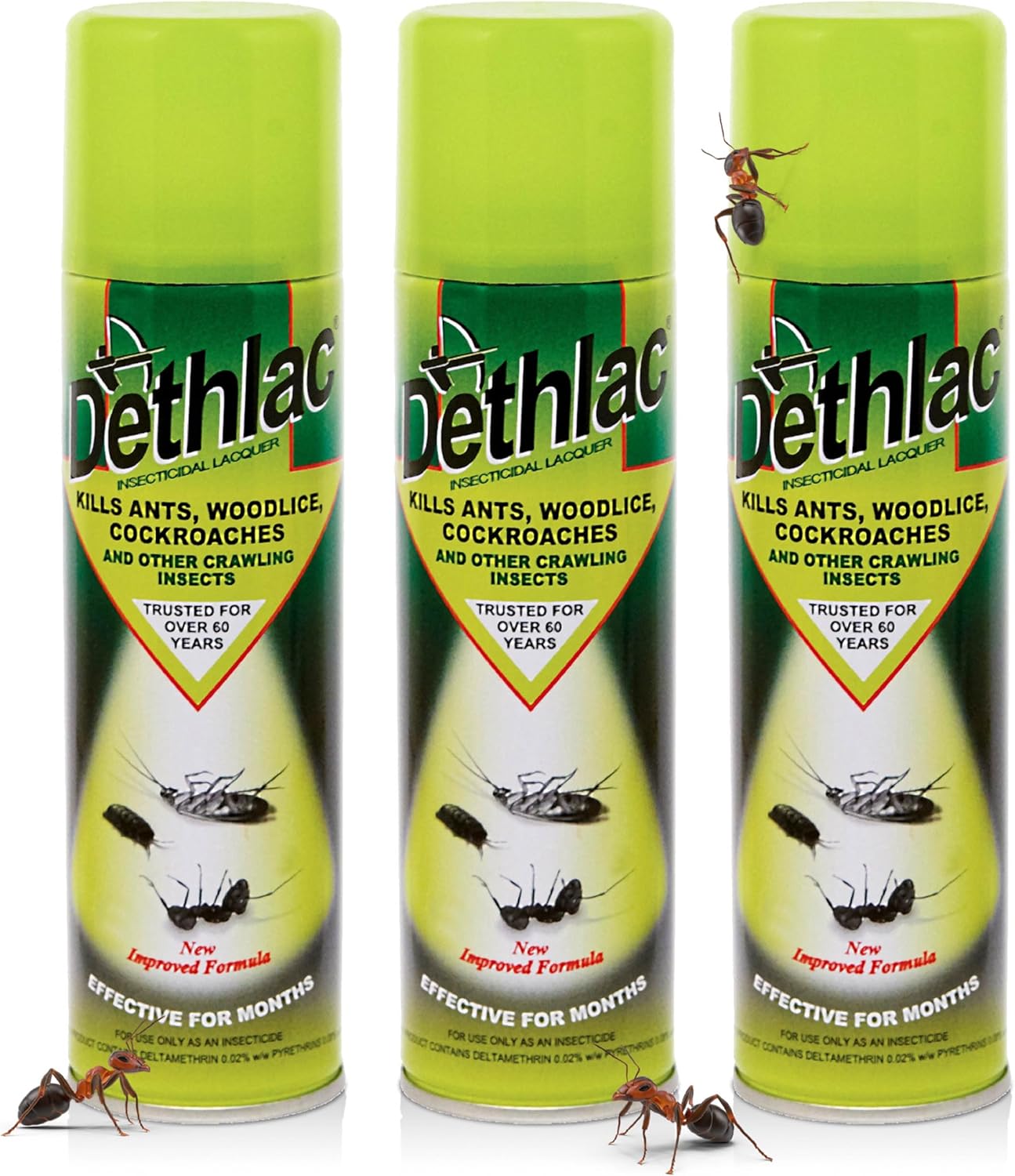 3 x Dethlac Spray | Ant Killer Indoor & Outdoor 250ml Aerosol | Insect Killer Indoor & Outdoor Use – Insecticide Bug Spray Lacquer - Effective for Ants, Cockroach, Woodlice & Other Crawling Insects