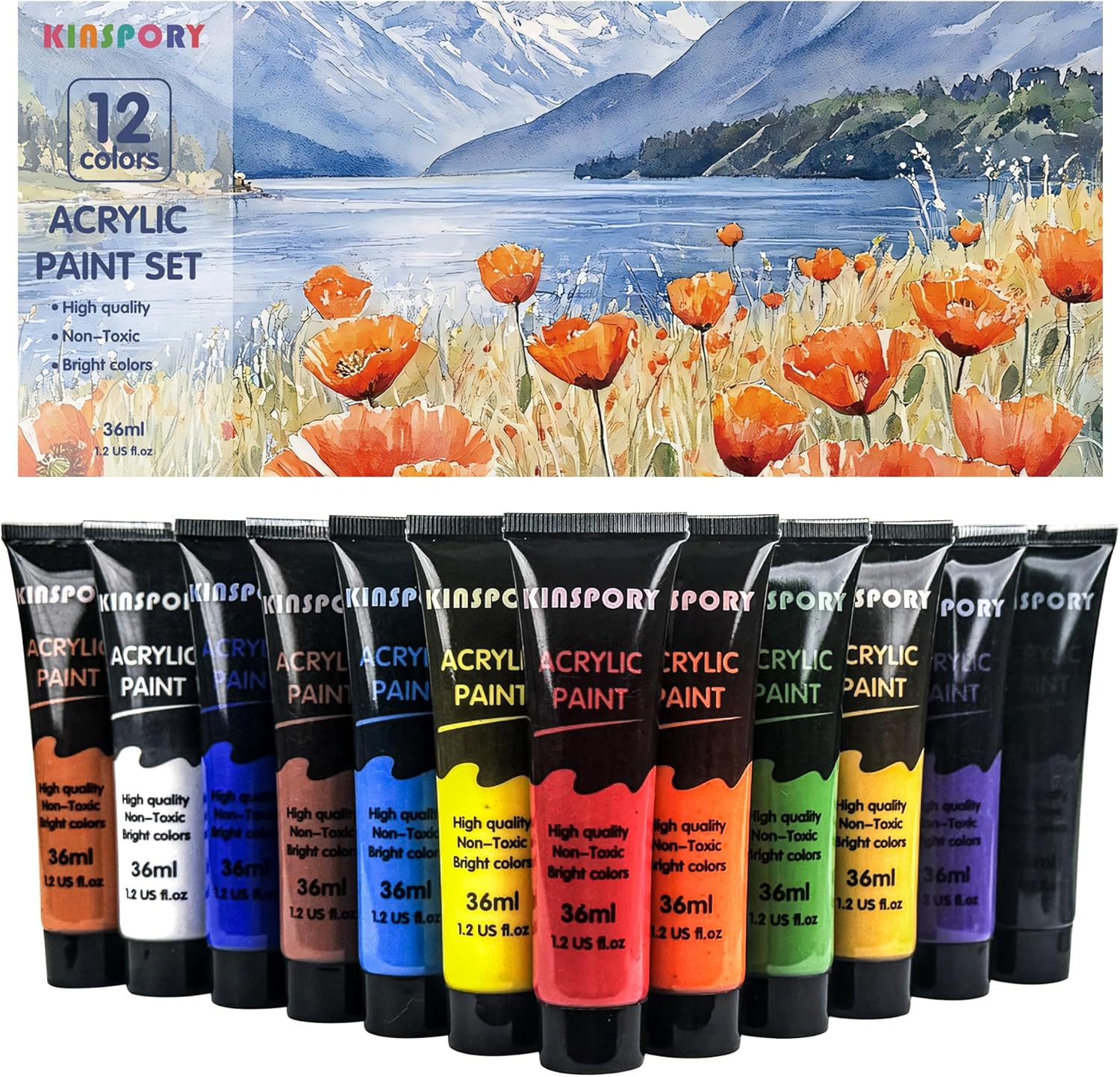 KINSPORY Acrylic Paint Set 12 x 36 ml - Water-Resistant, Assorted Colors for Beginners, Artists, Kids - Multi-Surface Art Supplies for Canvas, Wood, Rocks