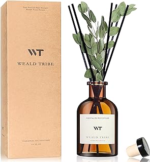 WEALD TRIBE Reed Diffuser Set for Bathroom Air Fresheners, Oil Diffuser Sticks with Flower | Eucalyptus & Mint Scent 4.0 fl oz Home Fragrance with Sticks Defusers | House Bedroom Office Shelf Decor
