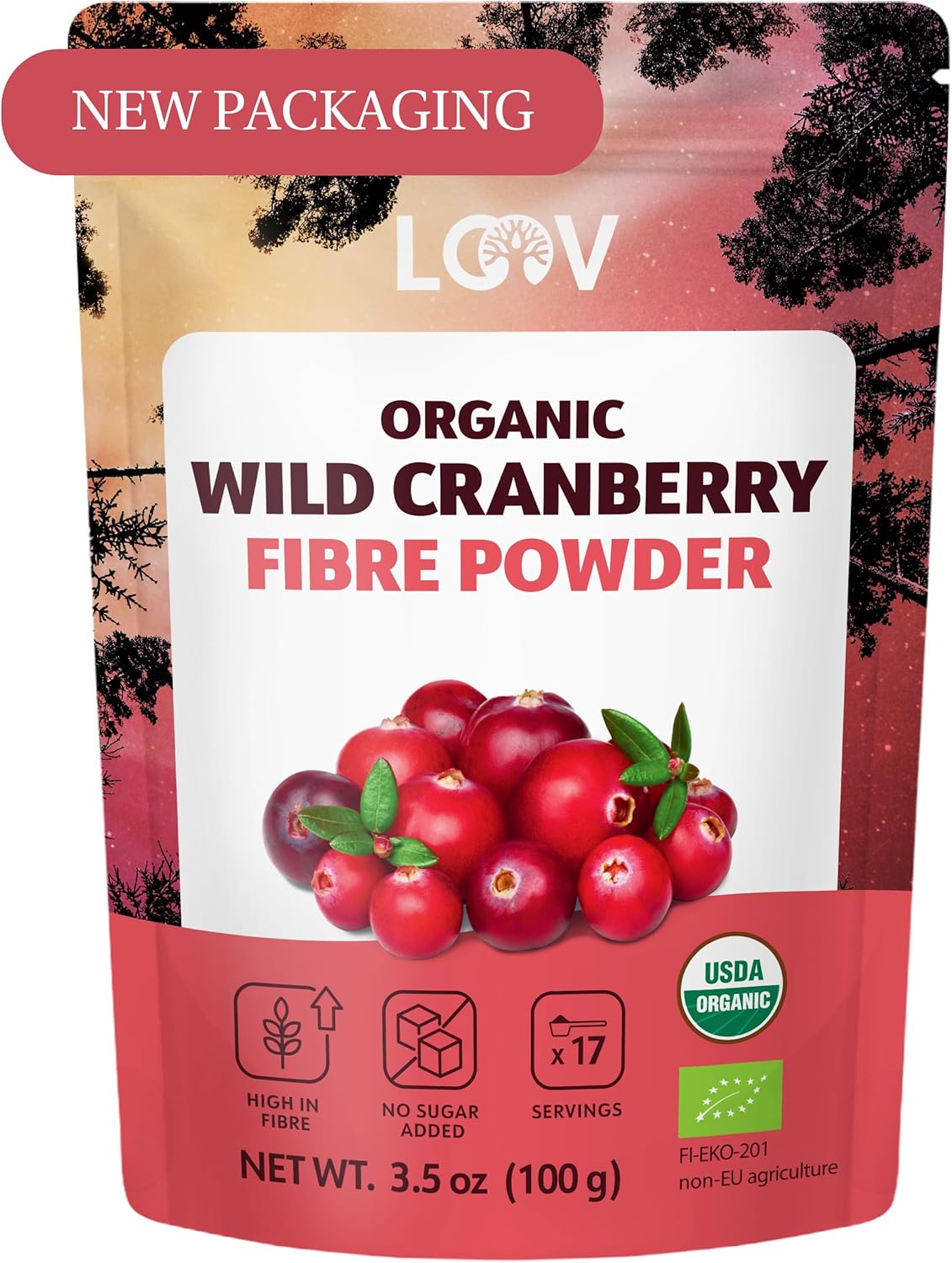 LOOV Organic Cranberry Fibre Powder (Pomace) – Made from Pure Wild Nordic Cranberry Seeds and Skins, High in Bioactive Fibre & Phytonutrients, no Added Sugar, 100 g