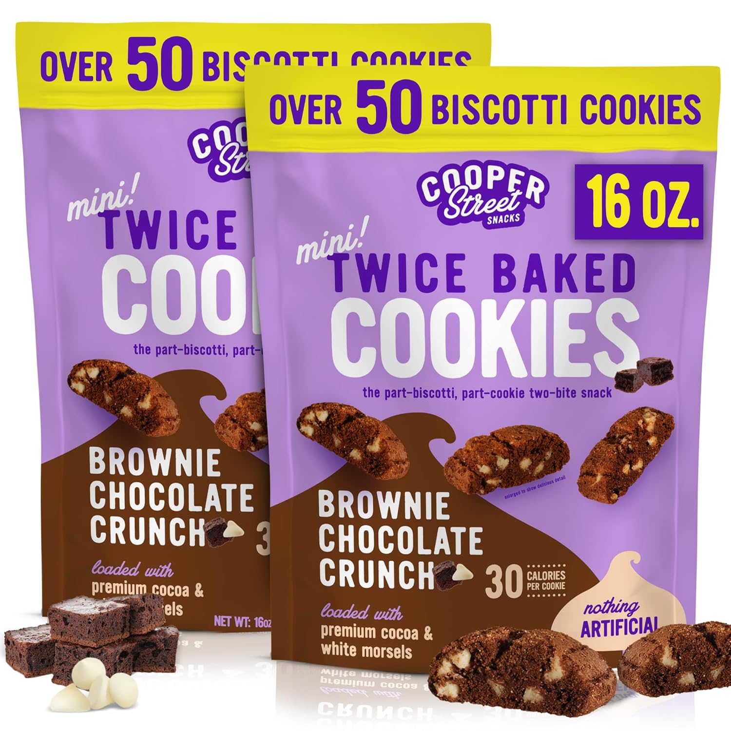 Cooper Street Twice-Baked Brownie Chocolate Biscotti Cookies (16oz each, Pack of 2) - 50 Two-Bite Mini Italian Style Snacks - Dairy-Free, Peanut Free, Kosher, Low-Calorie, Perfect with Coffee or Tea