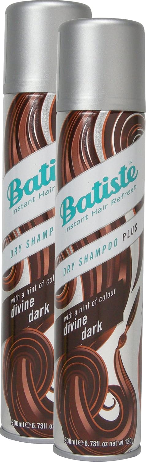 Batiste dry shampoo divine dark dry shampoo with a gentle hint of colour for black and dark brown hair, fresh hair for all hair types, pack of 2 (2 x 200 ml).