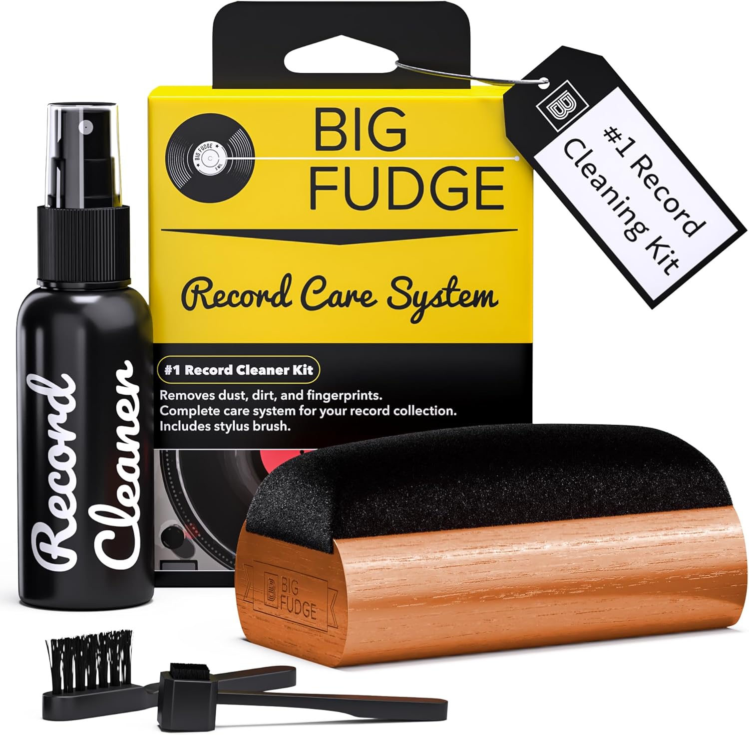 Big Fudge Vinyl Record Cleaning Kit - 4-in-1 Record Cleaner Solution - Includes Ultra-Soft Velvet Record Brush, Cleaning Liquid, Stylus Brush and Storage Pouch