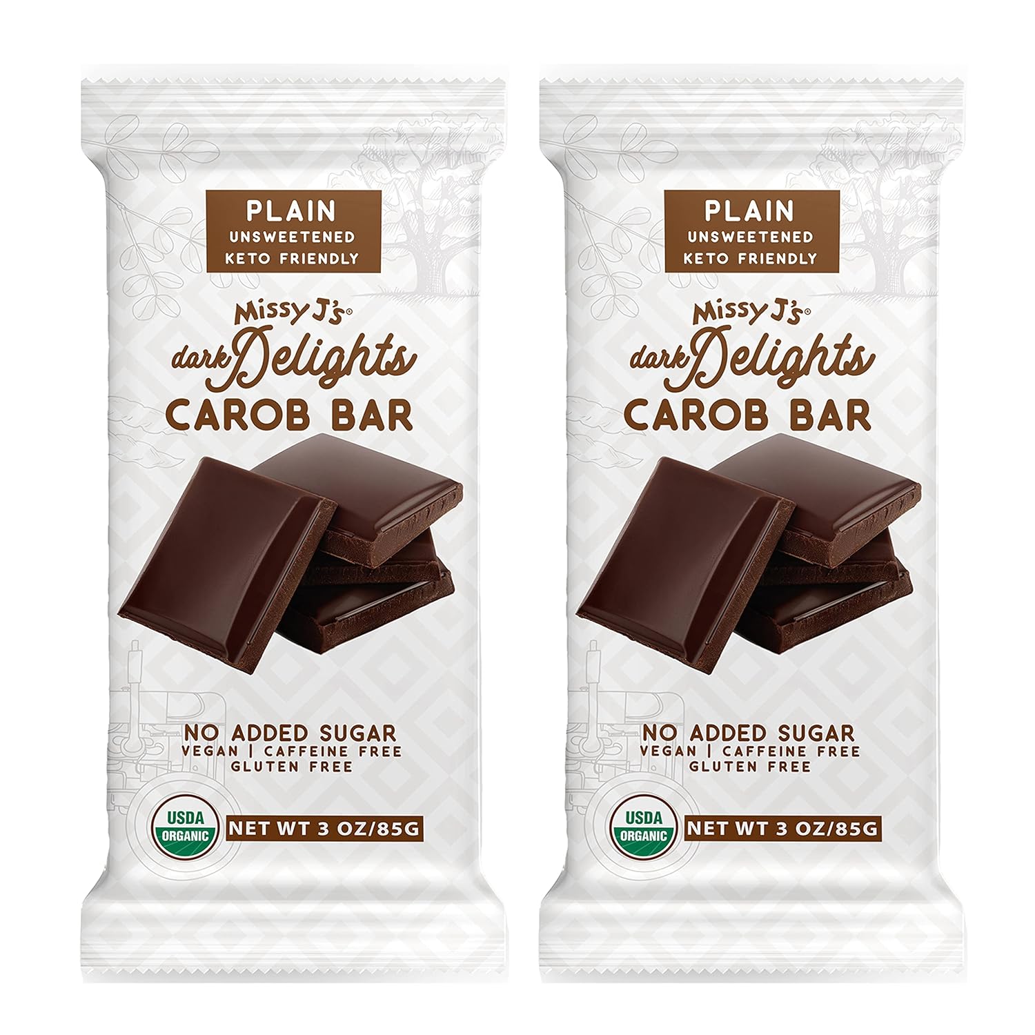 Missy J's Organic Carob Dark Delights Unsweetened Plain Candy Bar 3 Oz 2 Pack | Vegan, Gluten and Caffeine Free, Healthy Substitute for Chocolate, Perfect for Snacks and Treats, Personalized Gift