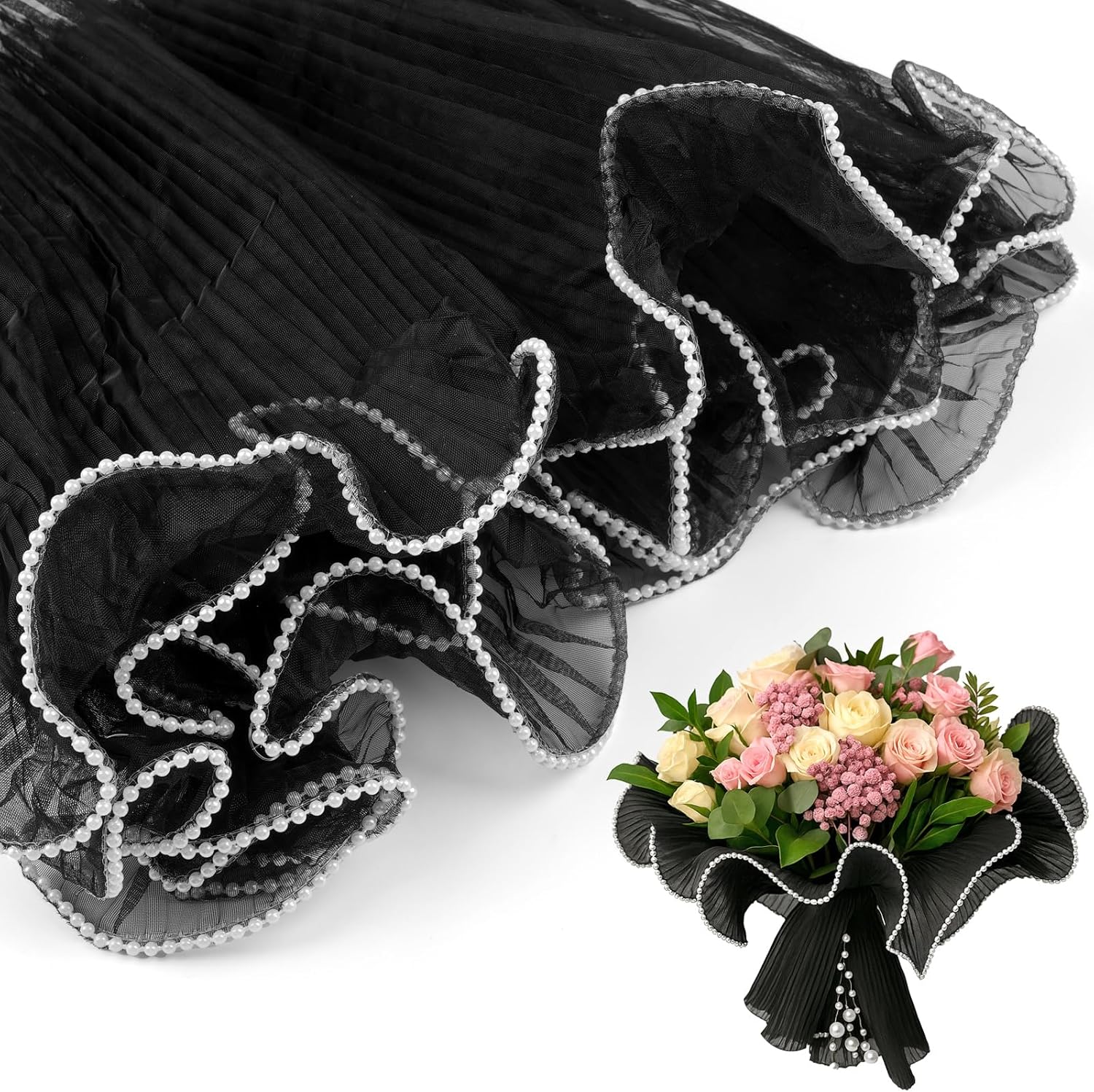 4.37 Yards Bouquet Wrapping Paper, Black Flower Wrapping Paper Pearl Edge, Floral Paper for DIY Crafts, Party Favor Decor, Florist Supplies, Wedding, Party, Gift Packaging