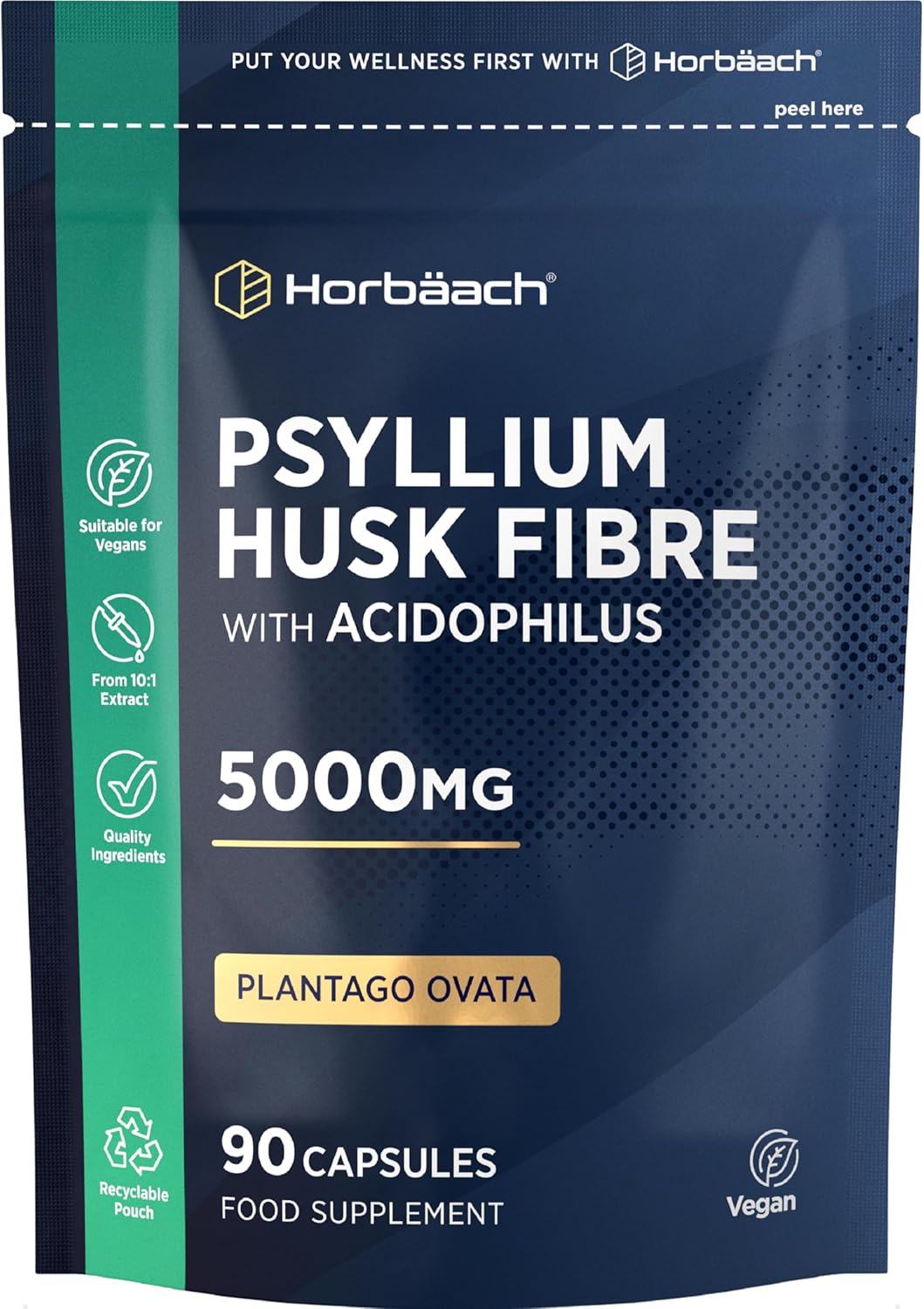 Psyllium Husk Capsules 5000mg with Acidophilus | Natural Soluble Fibre Supplement with ProBio | Plantago Ovata Seed Husk Extract | 90 Vegan Capsules | by Horbaach