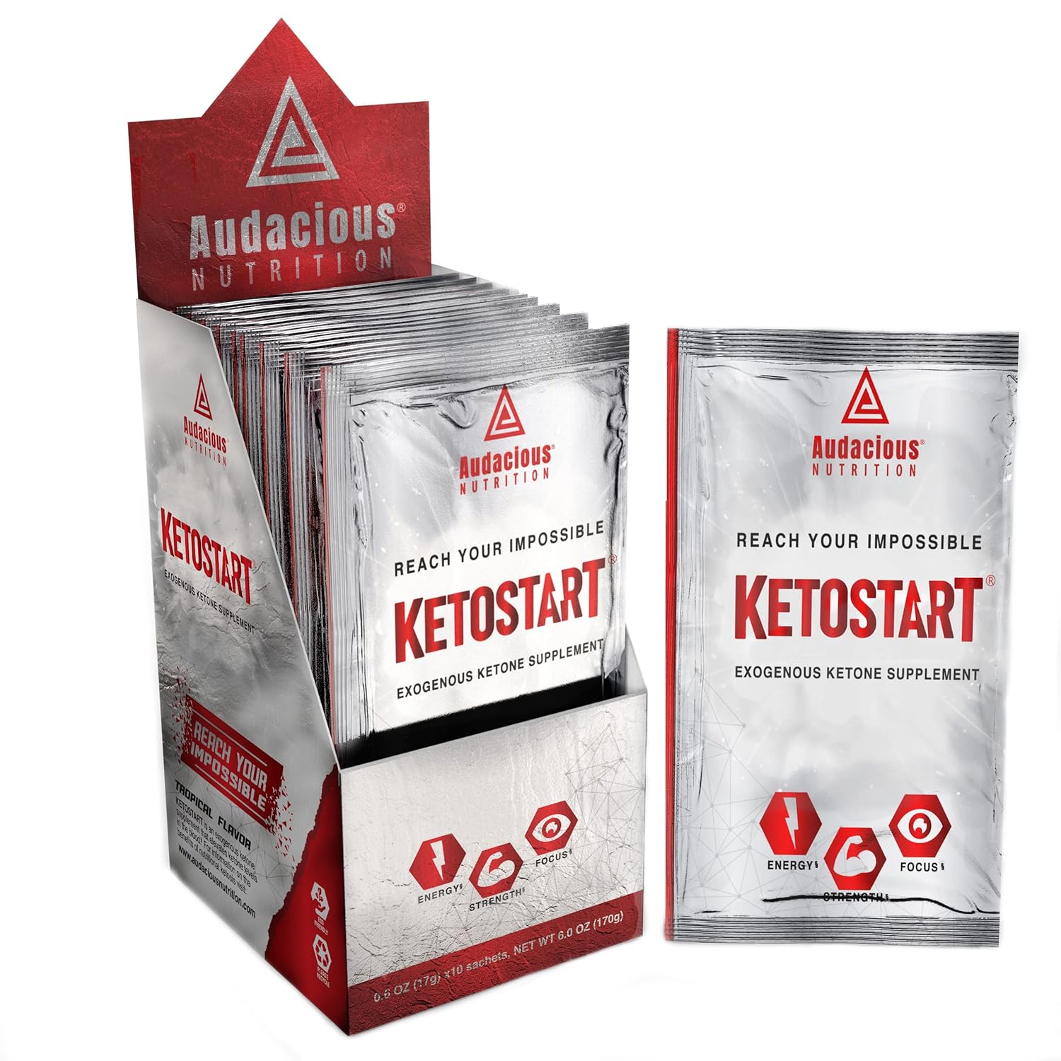 KetoStart | Exogenous Ketones Powder with Electrolytes | Caffeine Free | Tropical Flavor Electrolyte Powder for Energy, Strength & Focus (10x Ketones Drink Mix Packets)