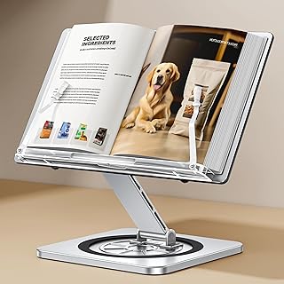 Aluminium Exterior Book Stand for Reading, Book Holder with 360° Swivel Base & Elastic Page Clips, Adjustable Cookbook Stand for Kitchen Counter, Recipe/Textbook/Music Scores Stand