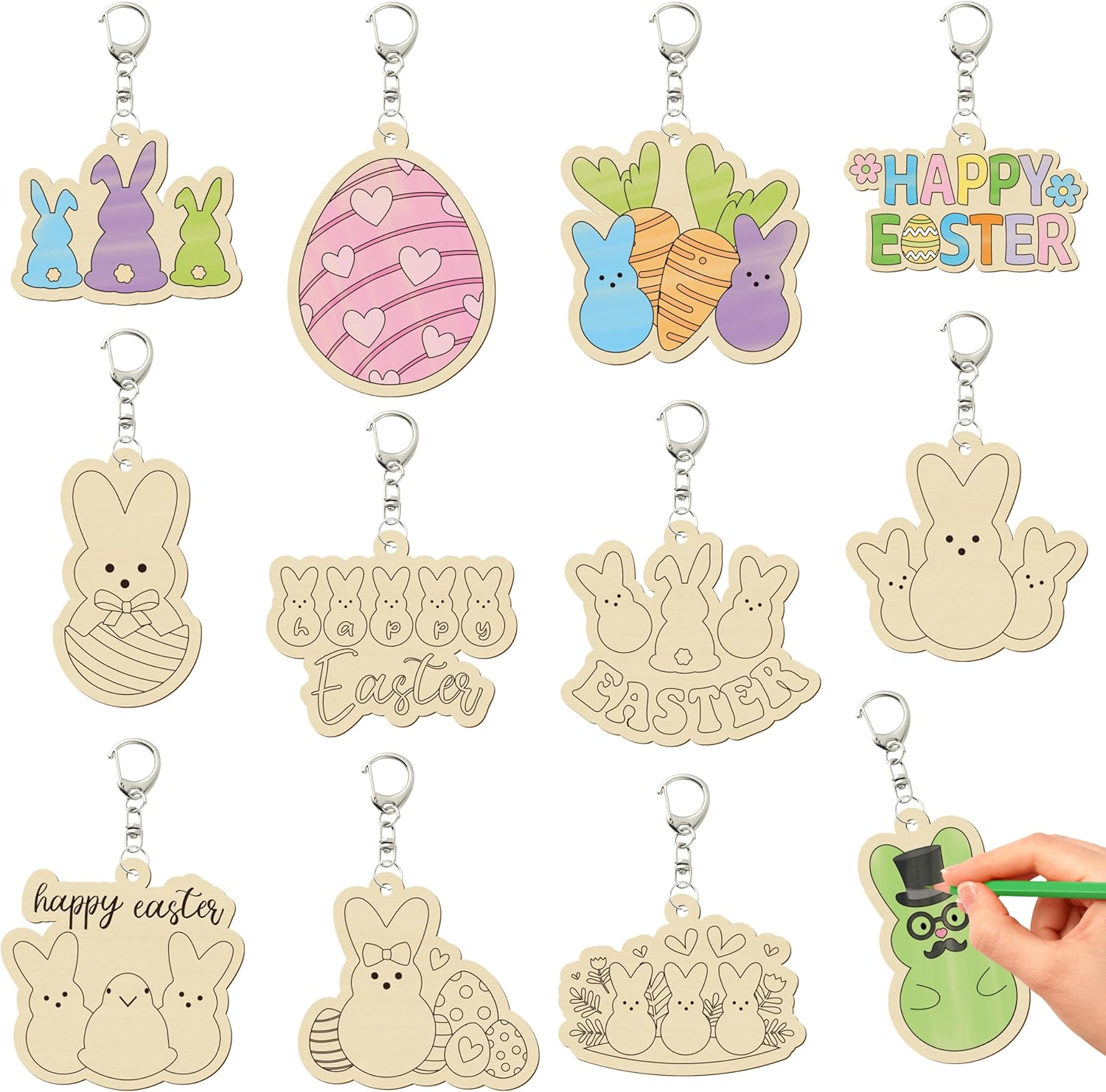 Haooryx 24pcs Color Your Own Easter & Spring Keychain, Cute Wooden DIY Blank Keychain, Cartoon Uncolored Keychain Party Favor