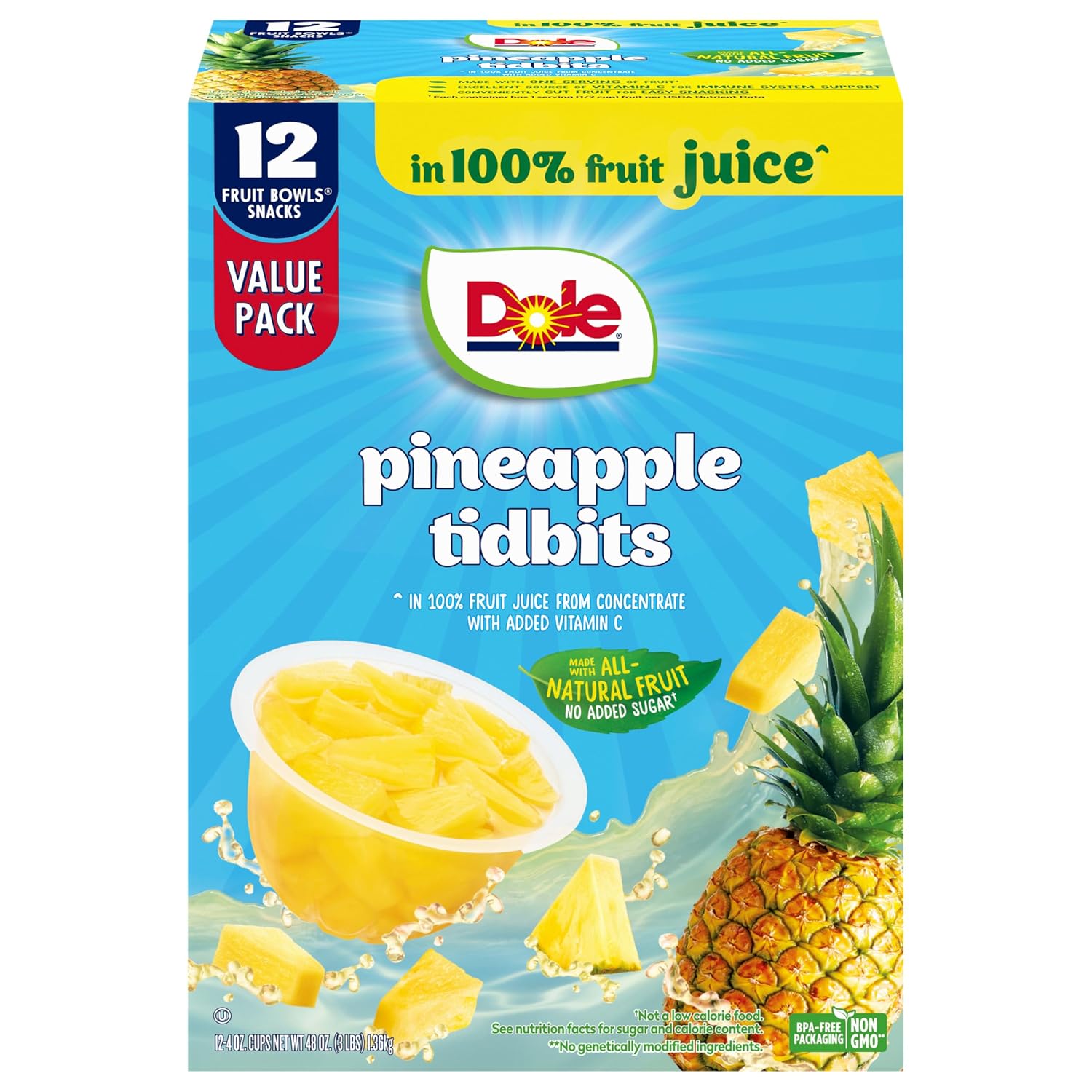 Dole Pineapple Tidbits, 4 oz Fruit Bowls, 12 Pack