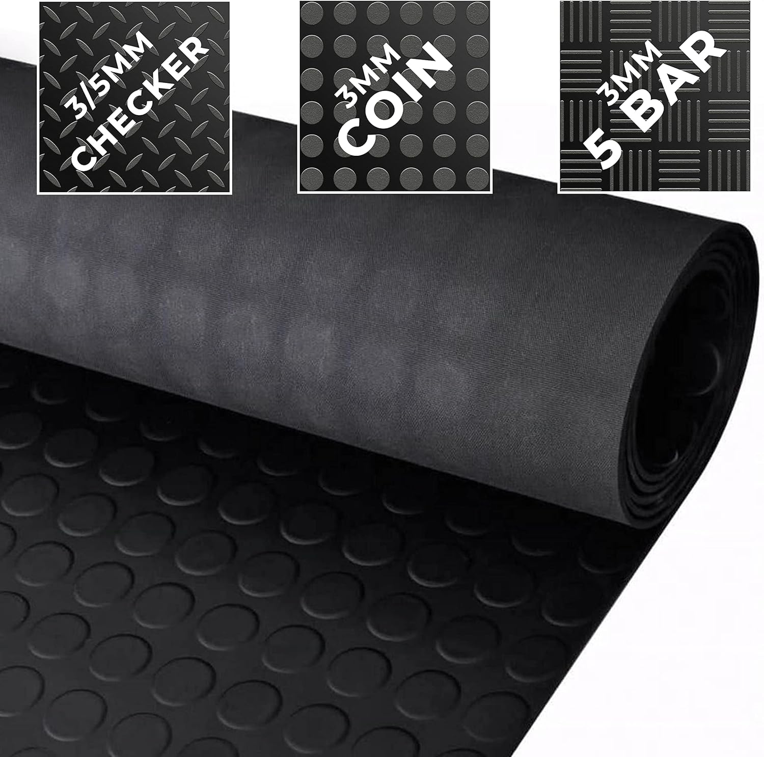 Trident Checker Rubber Flooring 3mm Thick Non Slip Mats for Camper Van, Anti Slip Matting Roll for Shed, Gym, Garage & Workshop. Black Non Slip Matting Roll, Length: 2M