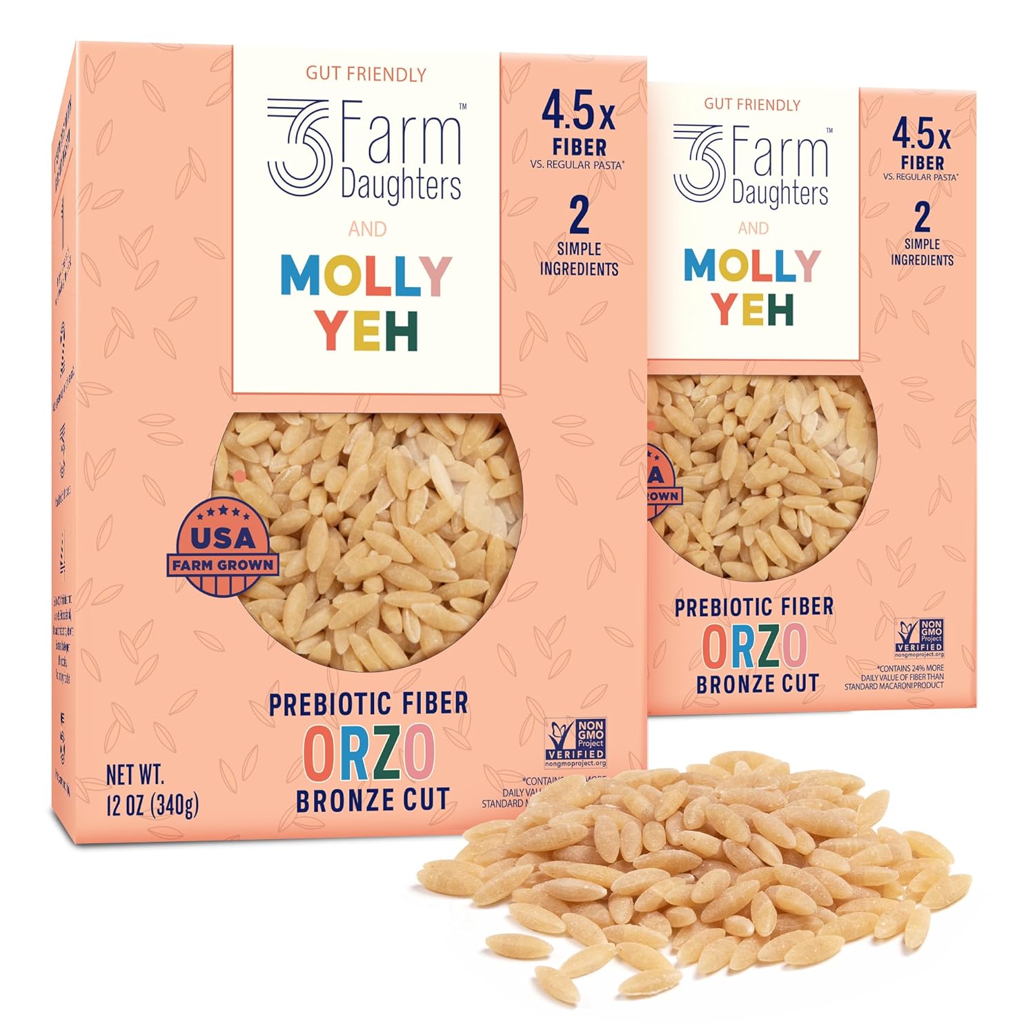 Three Farm Daughters X Molly Yeh High Fiber Orzo Pack, Irresistible, Low GI, Non GMO Orzo Pasta Noodles, Low Net Carb, Made in the USA from Just 2 Simple Ingredients, 12 oz. (2 Pack)